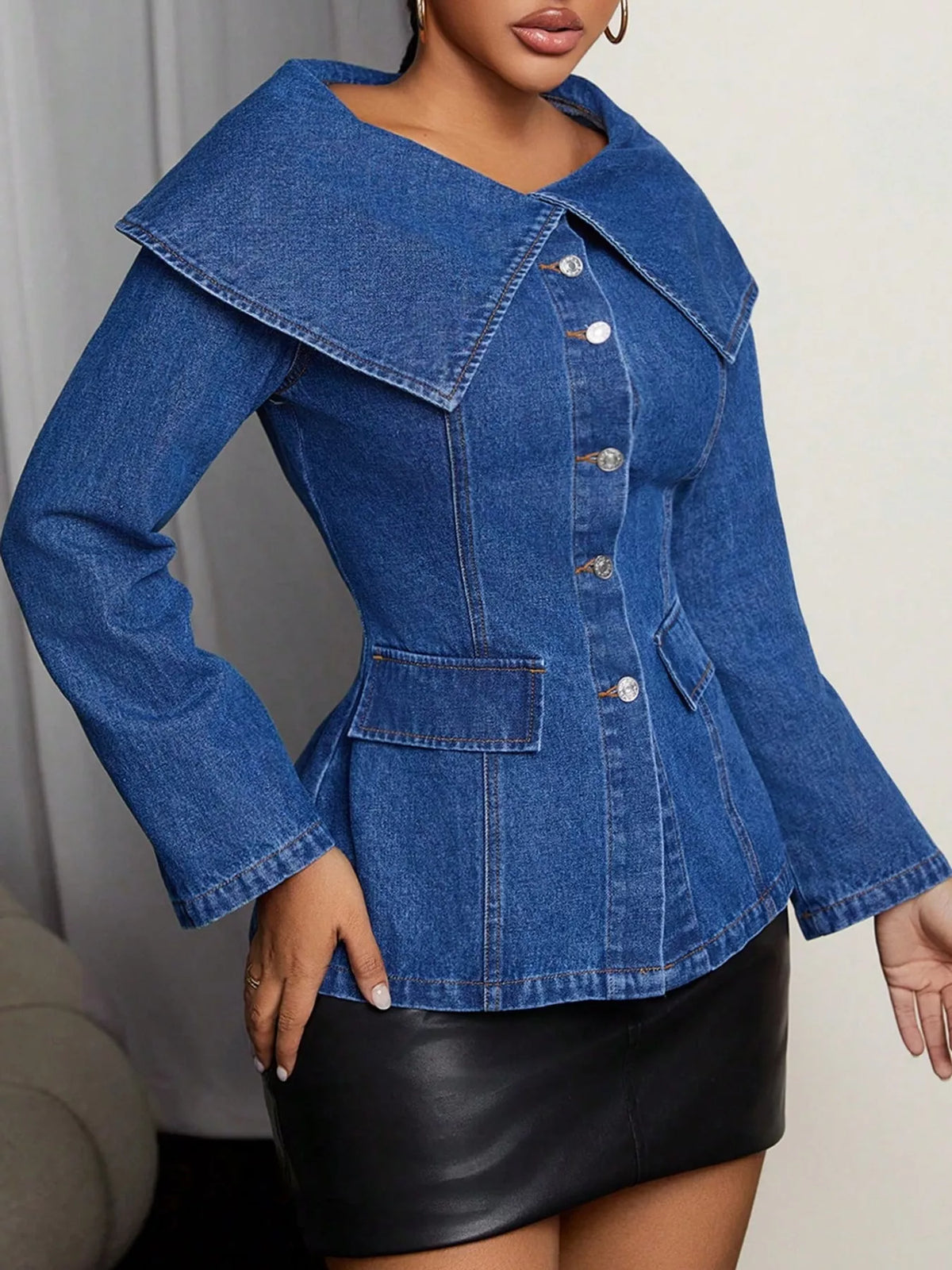 Wide Collar Slim-Fit Denim Jacket in Denim Blue