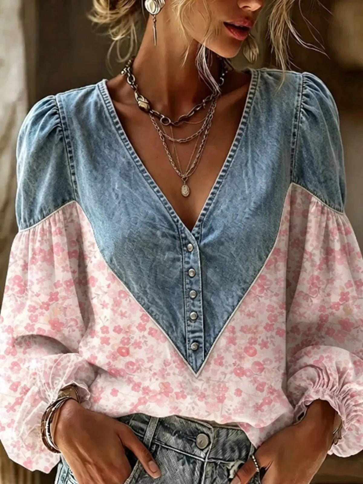 Denim Patchwork Floral Button-Up Top