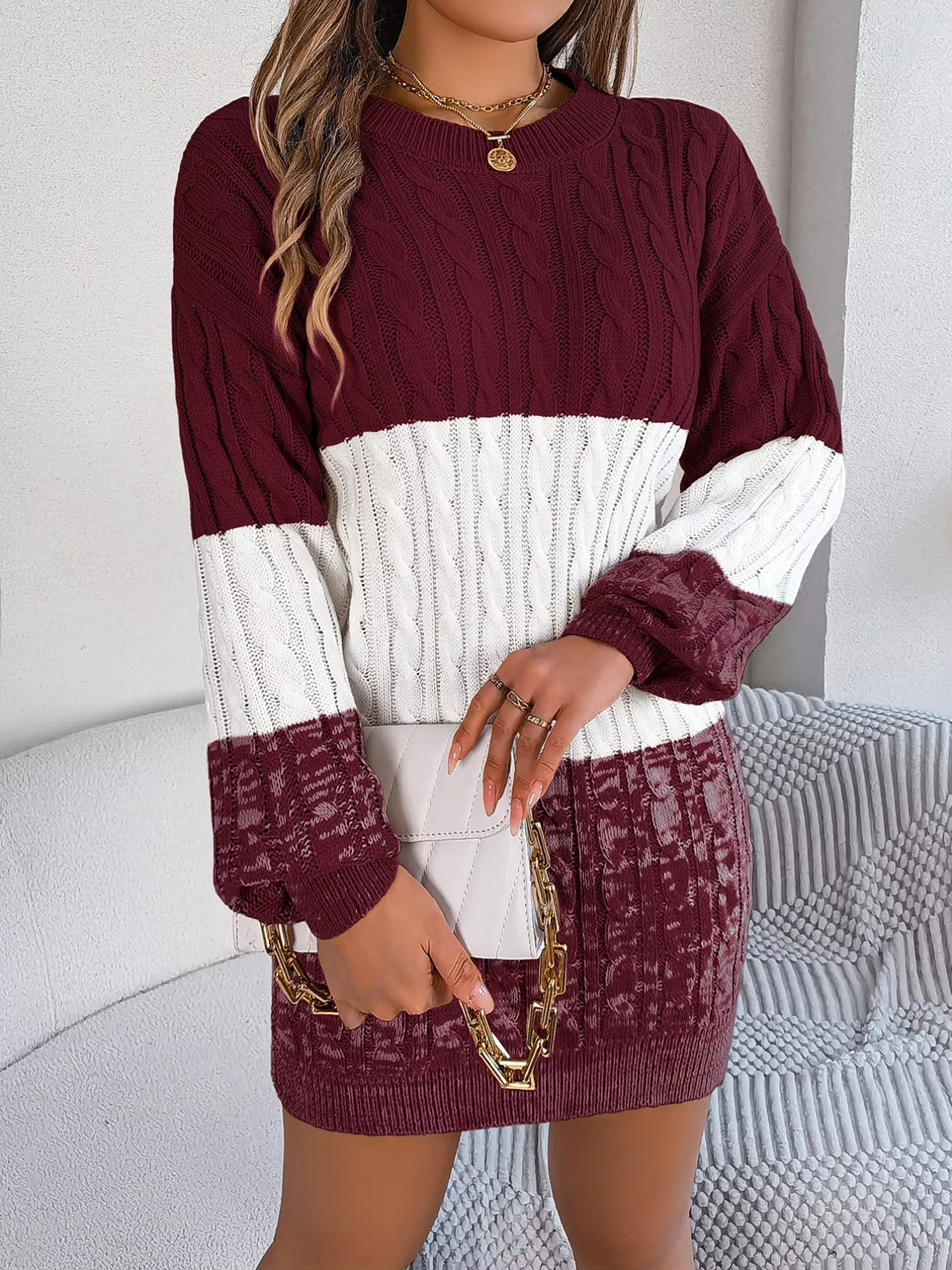 Color Block Cable Knit Sweater Dress