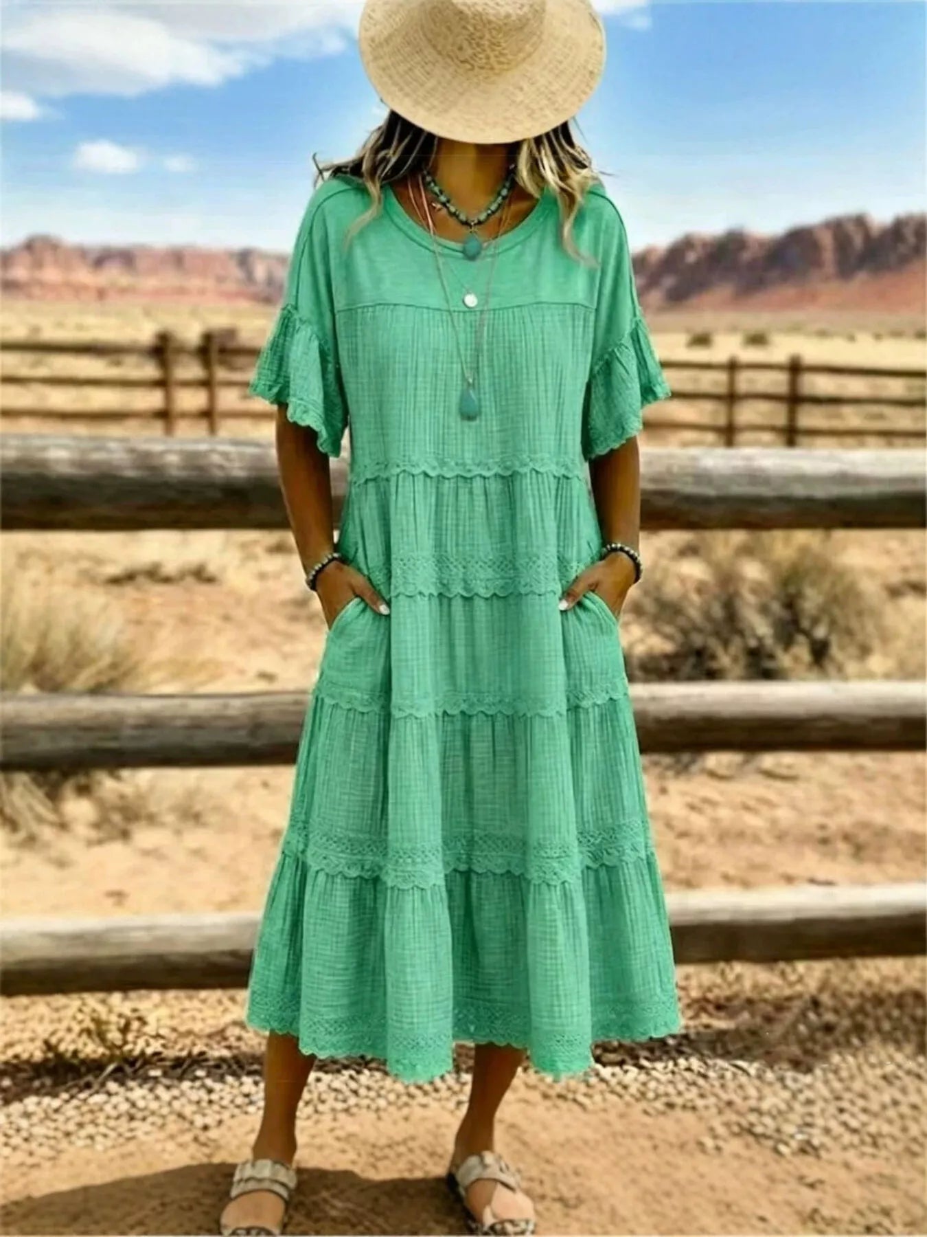 Tiered Ruffle Sleeve Midi Dress with Pockets