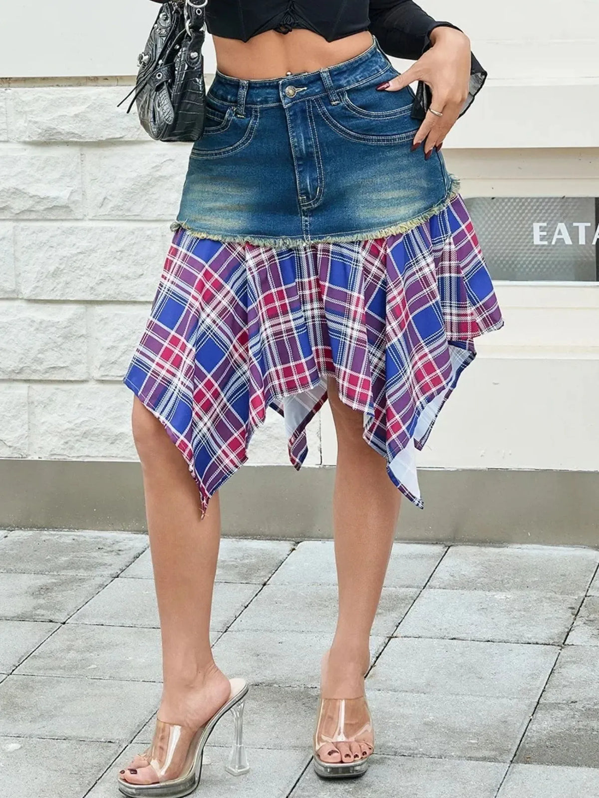 Asymmetric Plaid-Hem Denim Skirt in Navy Blue by Lone Star Lady
