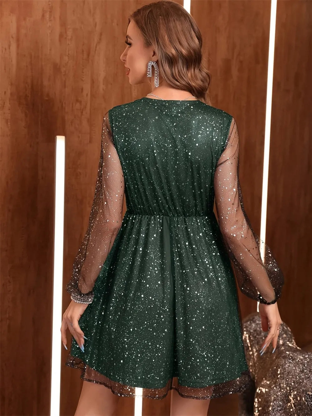 Glitter Surplice Long Sleeve Mini Dress in Dark Green
