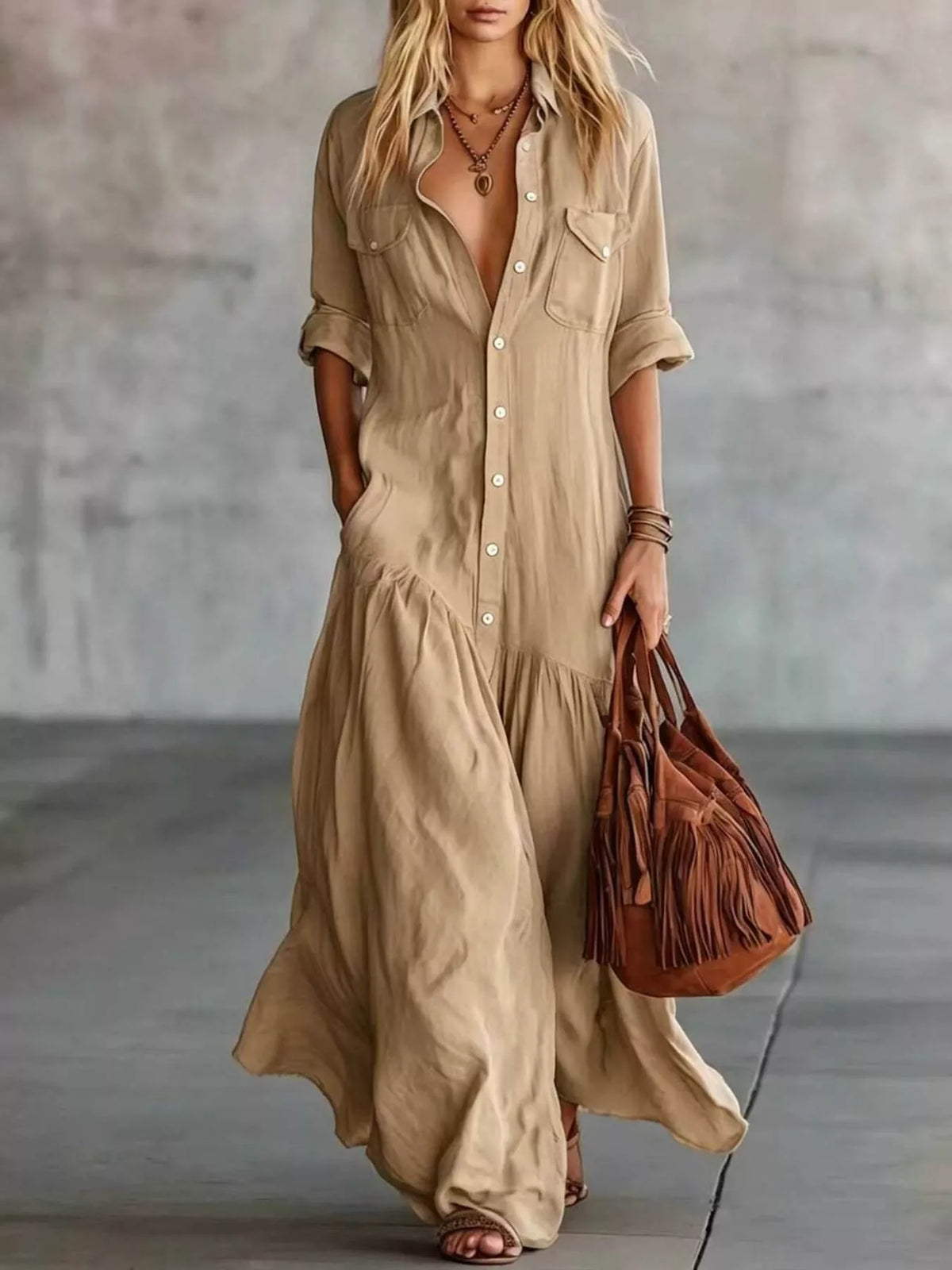 Button Front Roll-Up Sleeve Maxi Dress