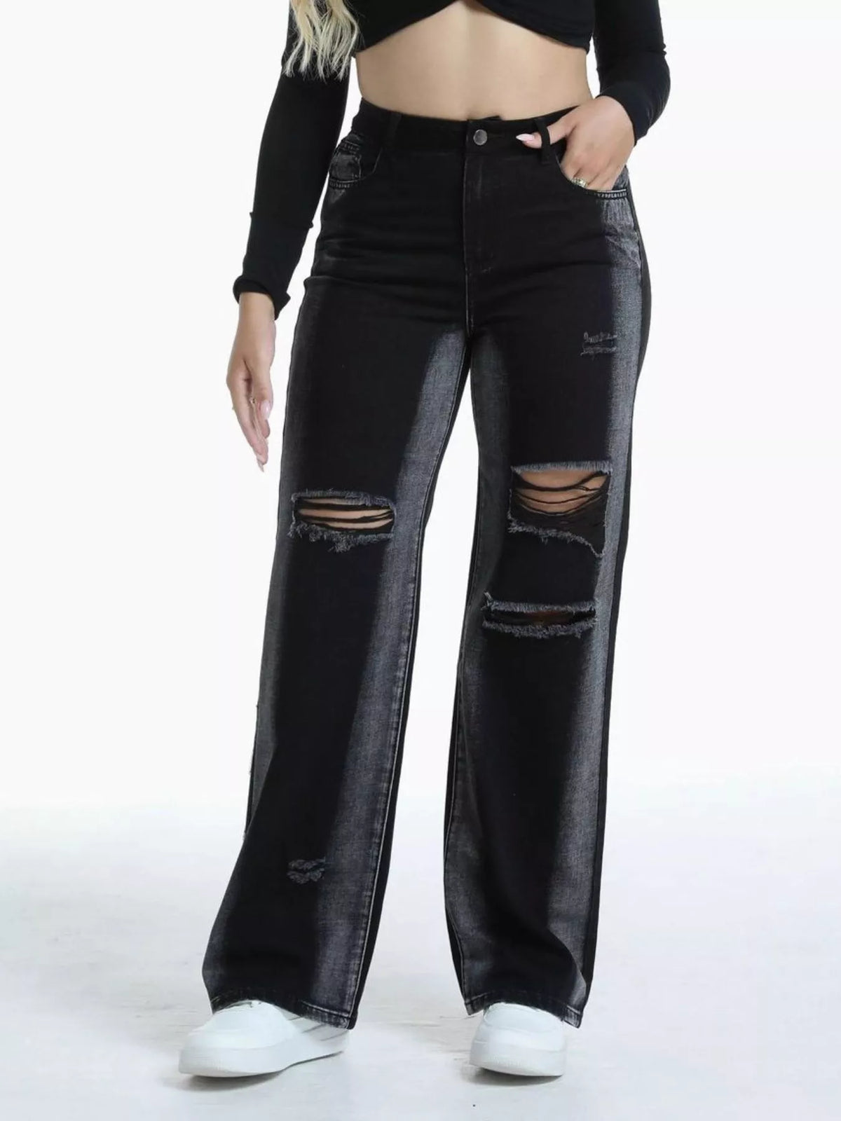 Distressed Wide-Leg Jeans in Black
