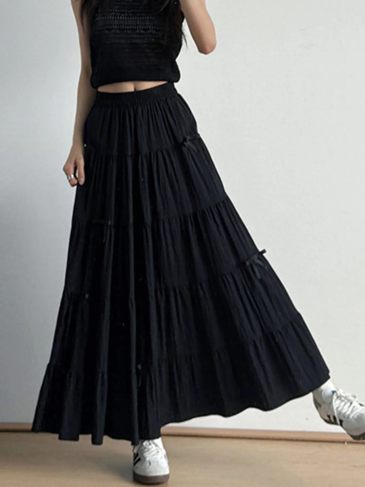 Tiered Bow Maxi Skirt with Elastic Waist