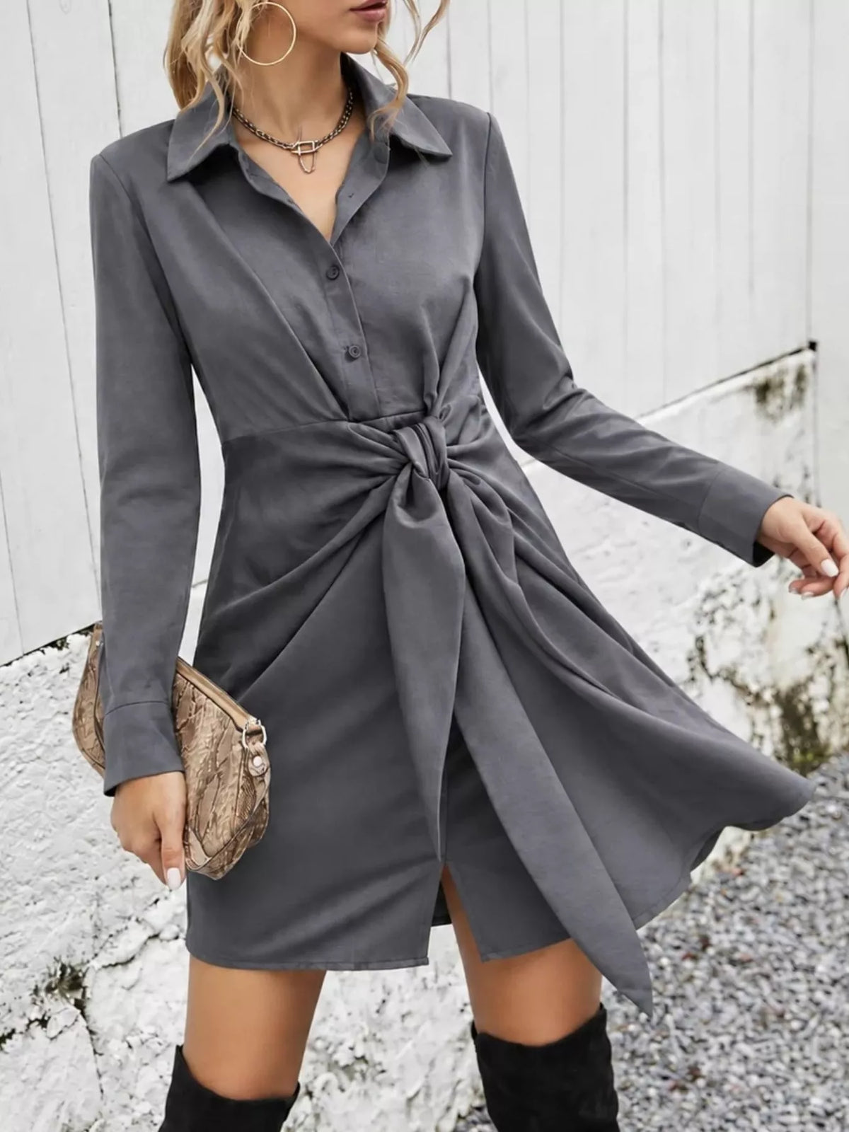 Front-Tie Shirt Dress in Dark Gray
