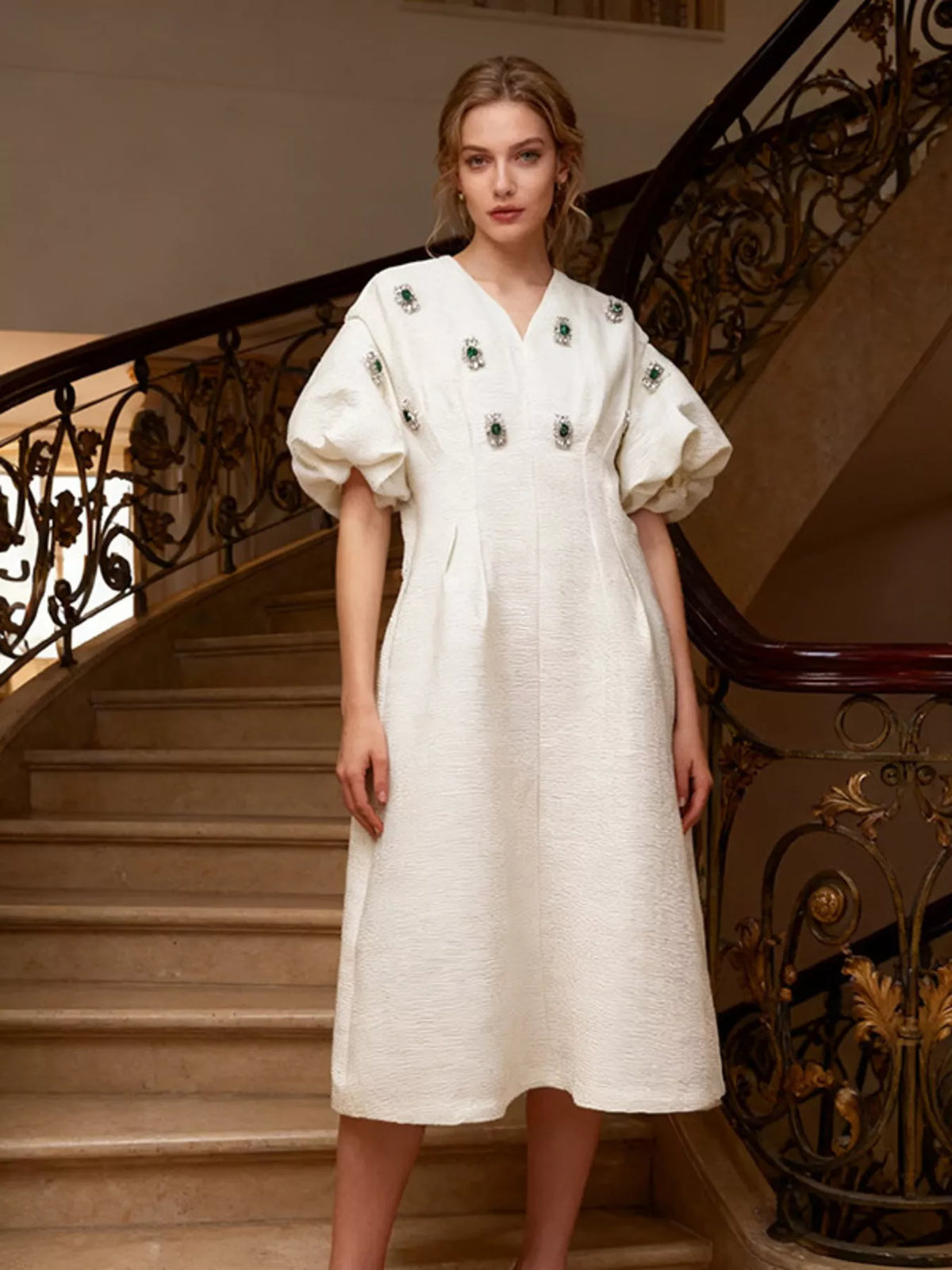 Rhinestone Embellished Puff Sleeve Midi Dress