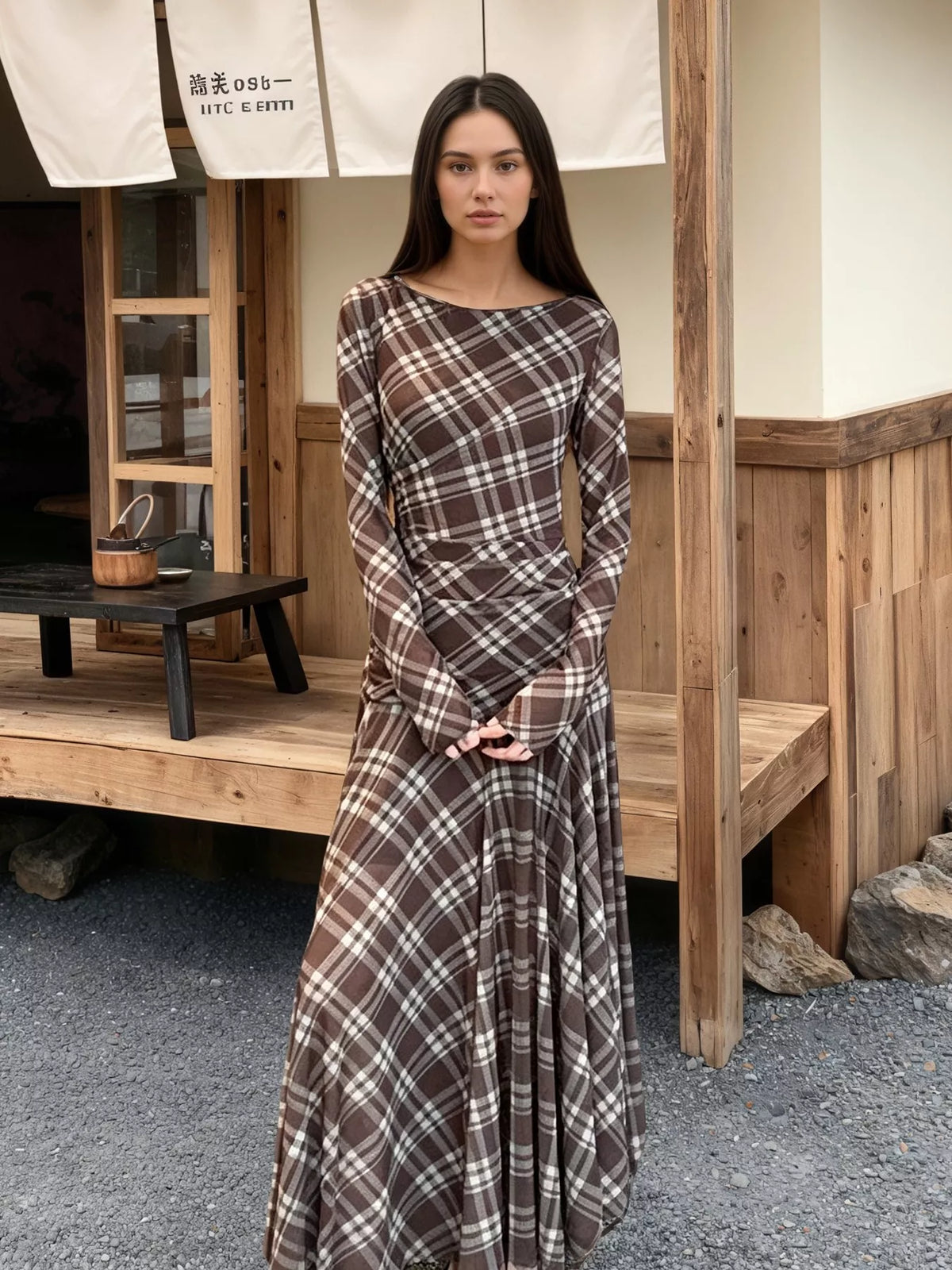 Plaid Slim-Fit Maxi Dress in Brown