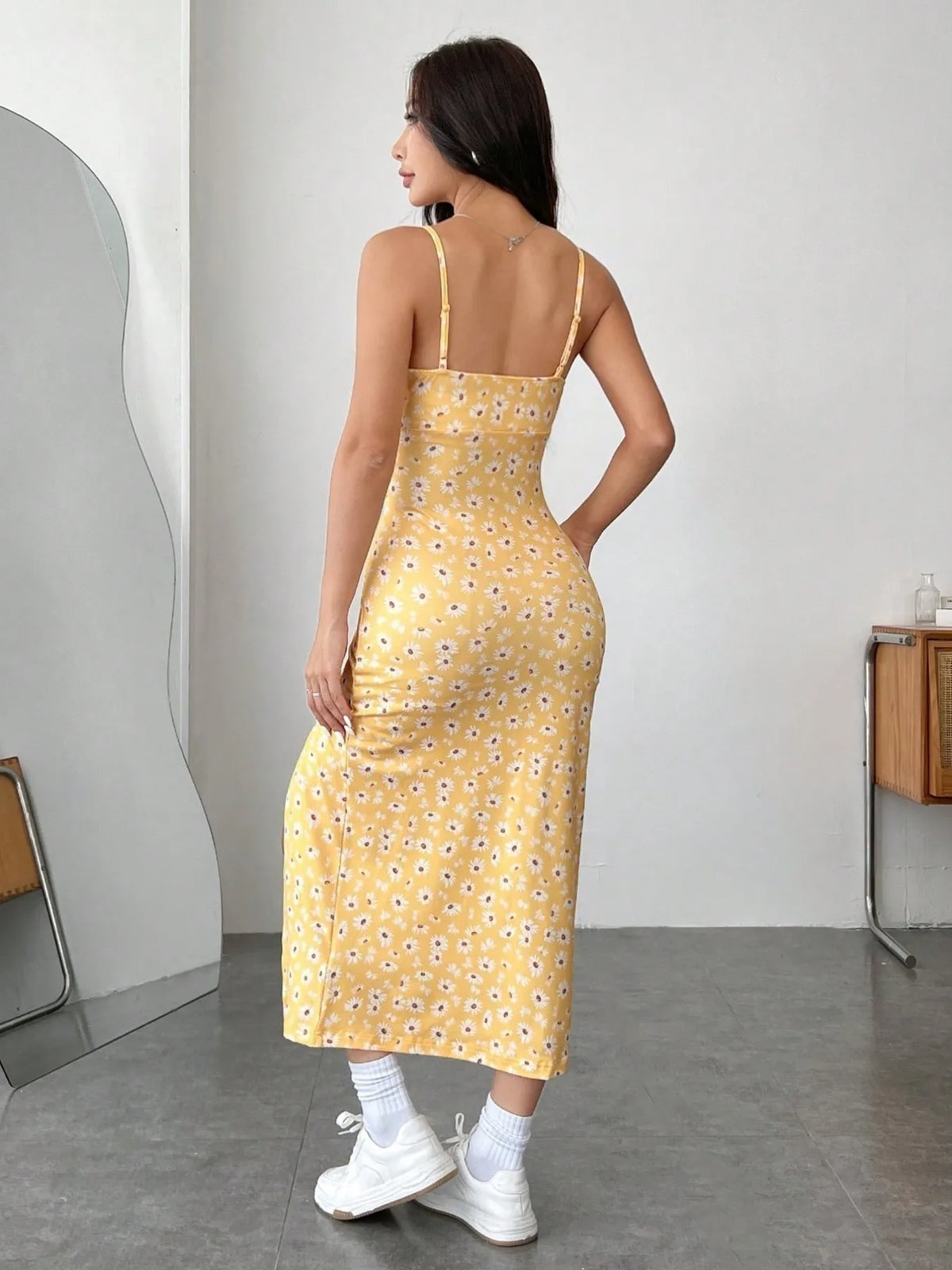 Ruched Slit Cami Midi Dress