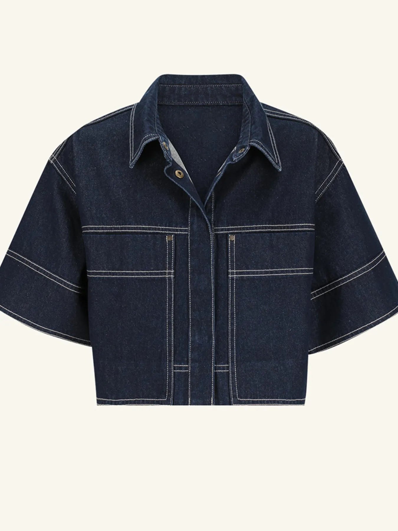 Cropped Contrast-Stitch Denim Top in Dark Wash