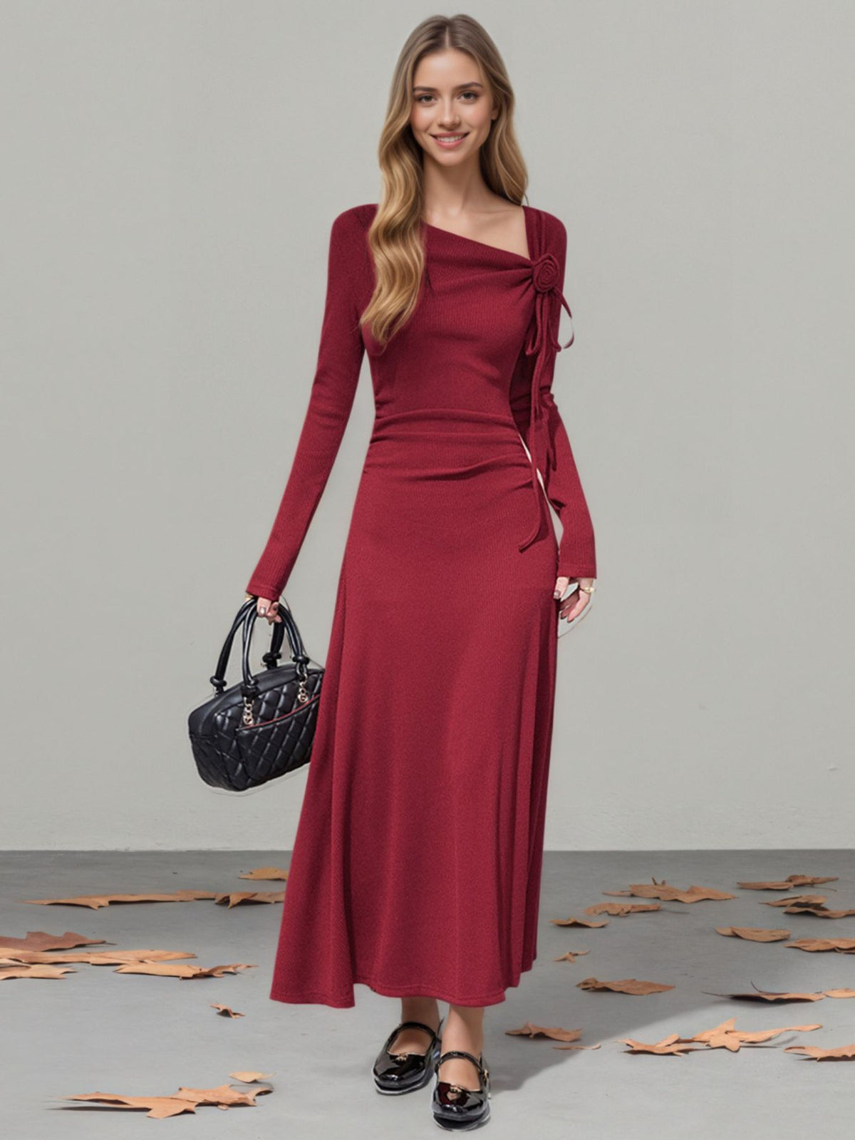 Tied Asymmetrical-Neckline Long Sleeve Dress in Red