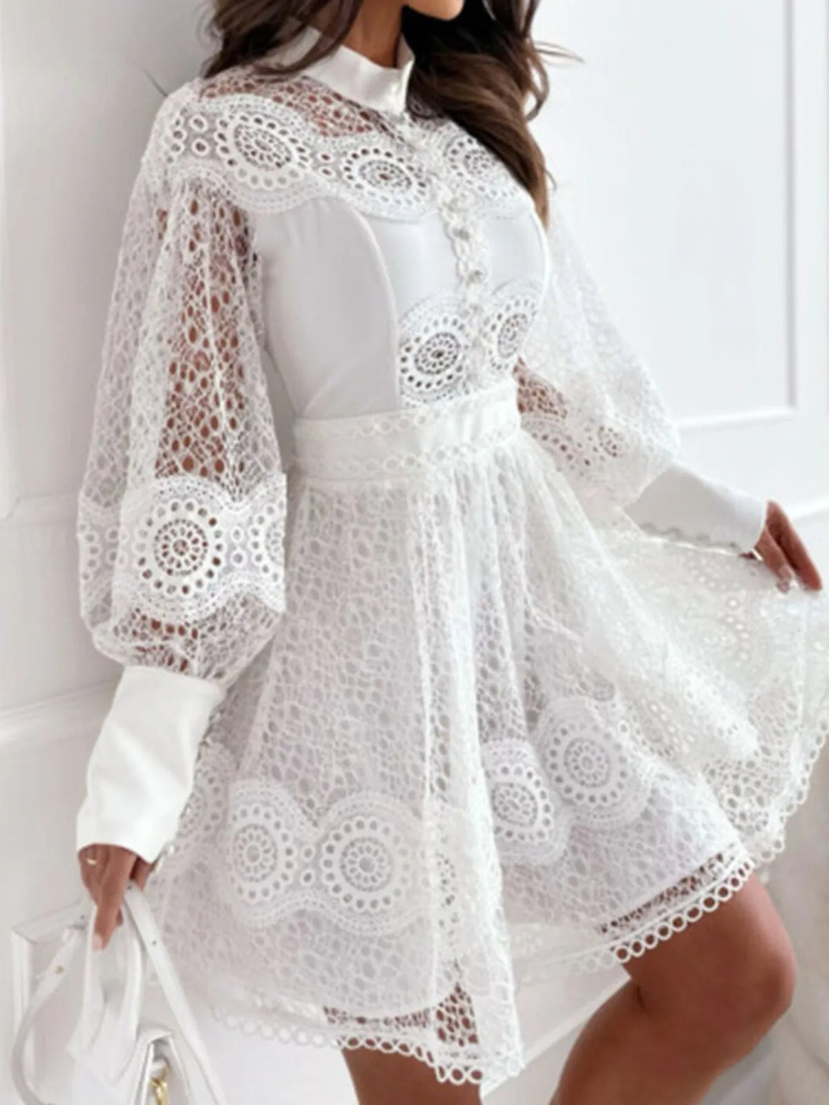 Lace Lantern Sleeve Mini Dress
