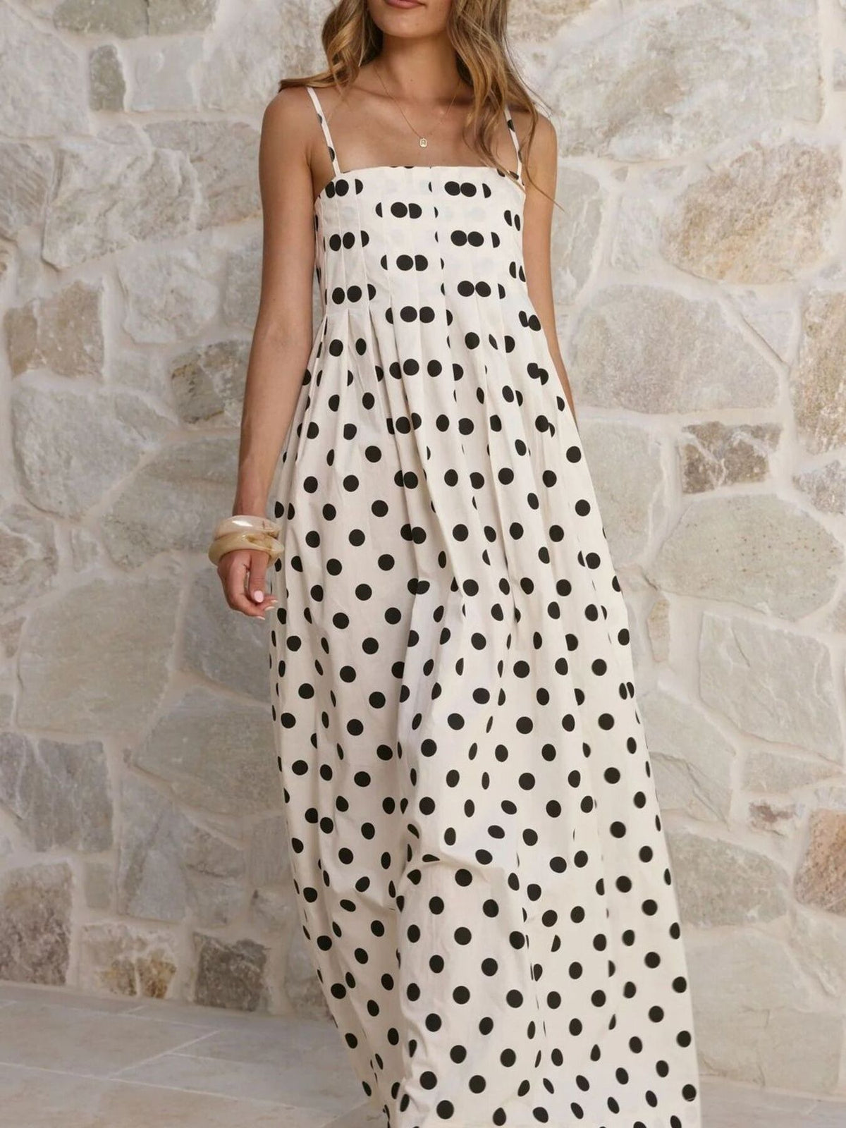Pleated Polka Dot Maxi Dress