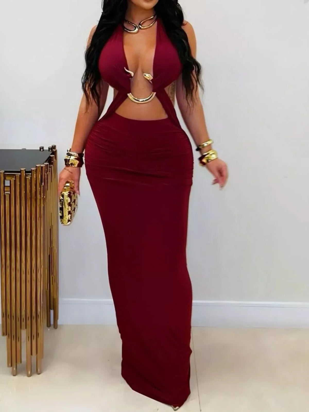 Backless Cut-Out Maxi Dress with Gold Hardware