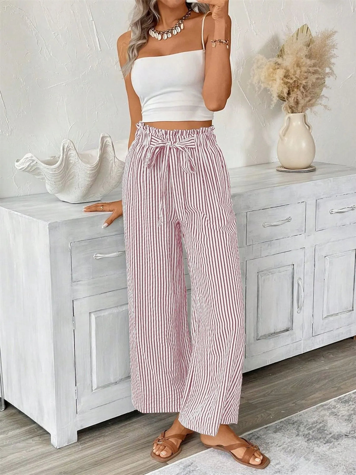 Striped Wide Leg Paper Bag Pants