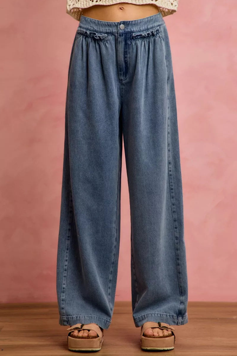 So Me Ruffled Front Wide Leg Jeans in Denim