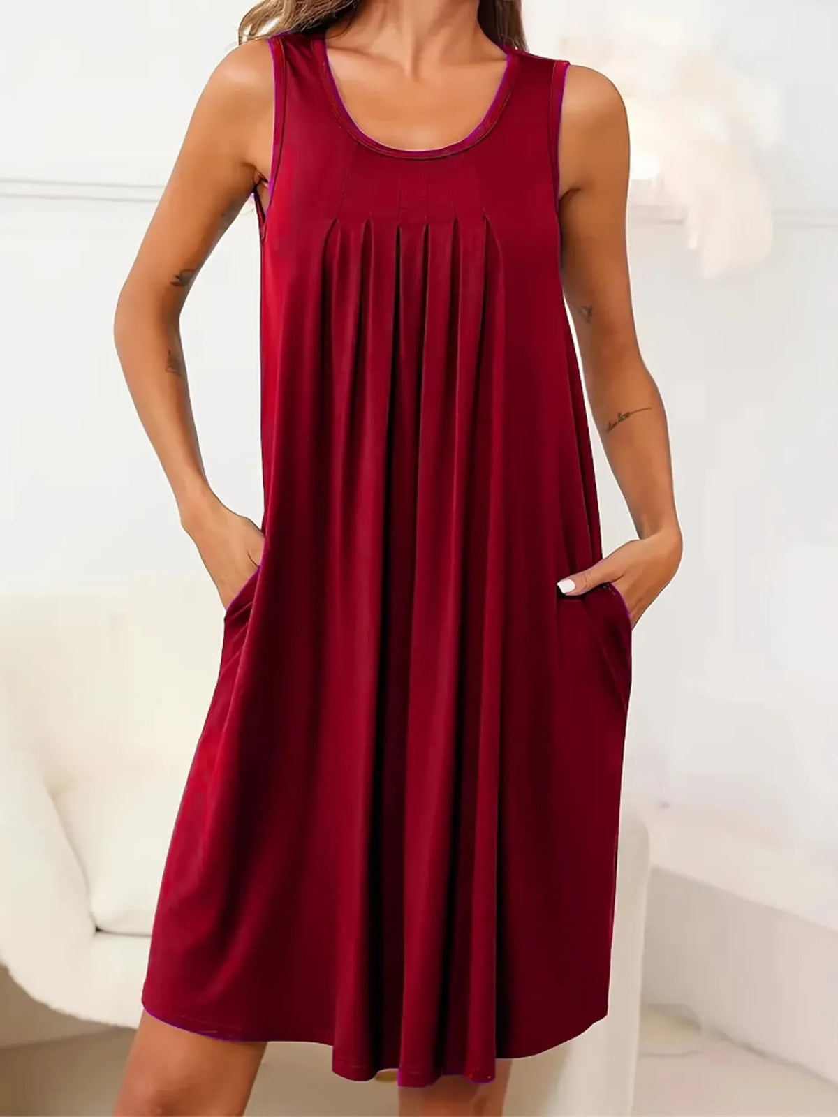 Pleated Tank Dress with Pockets in Army Green