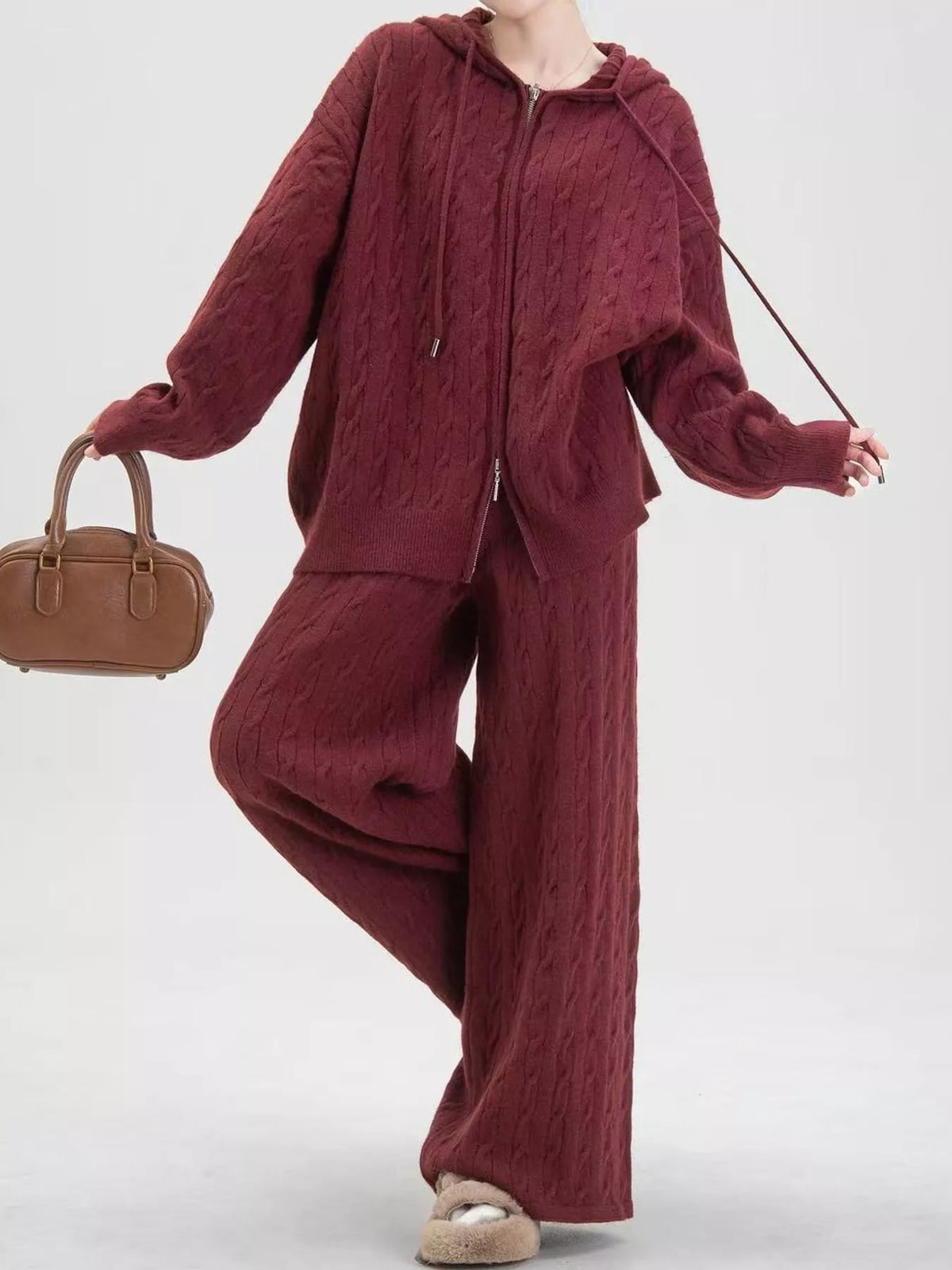 Cable Knit Zip-Up Hooded Cardigan and Wide-Leg Pants Set
