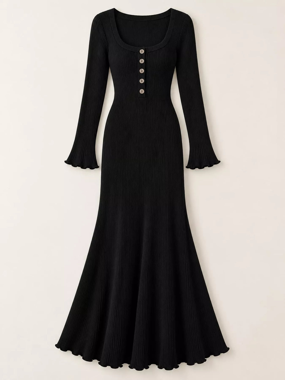 Button-Front Ribbed Knit Maxi Dress