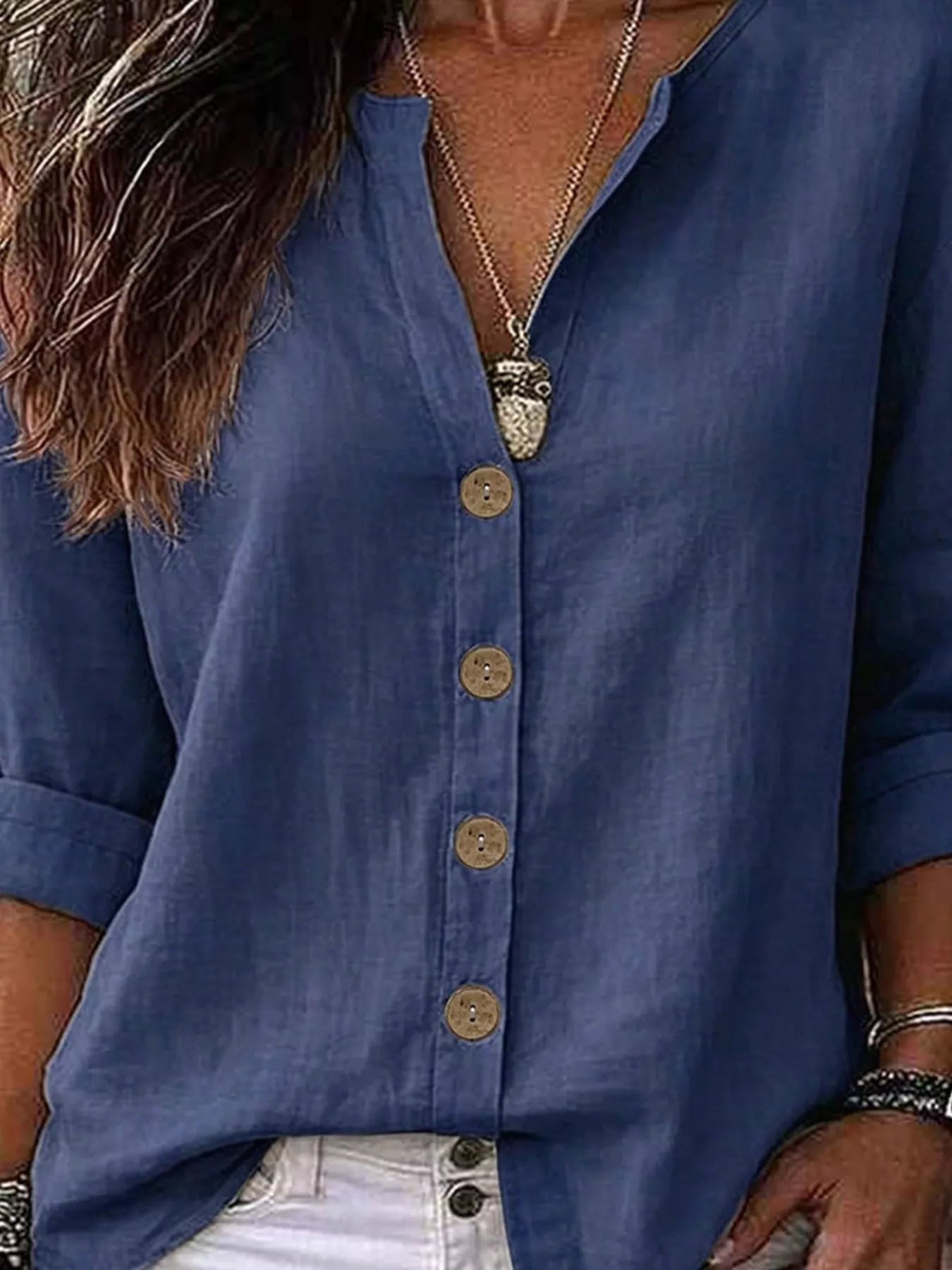 V-Neck Button-Up Long Sleeve Shirt