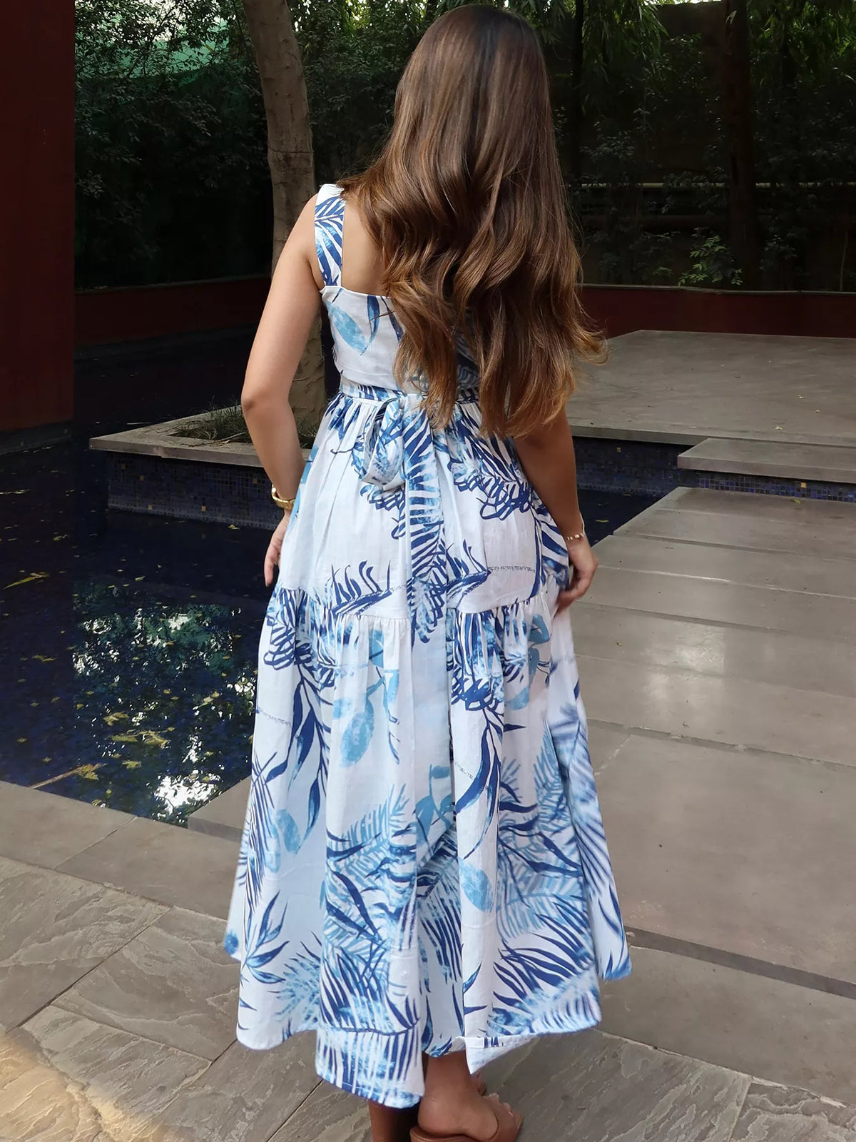 Tropical Print Tiered Maxi Dress in Blue