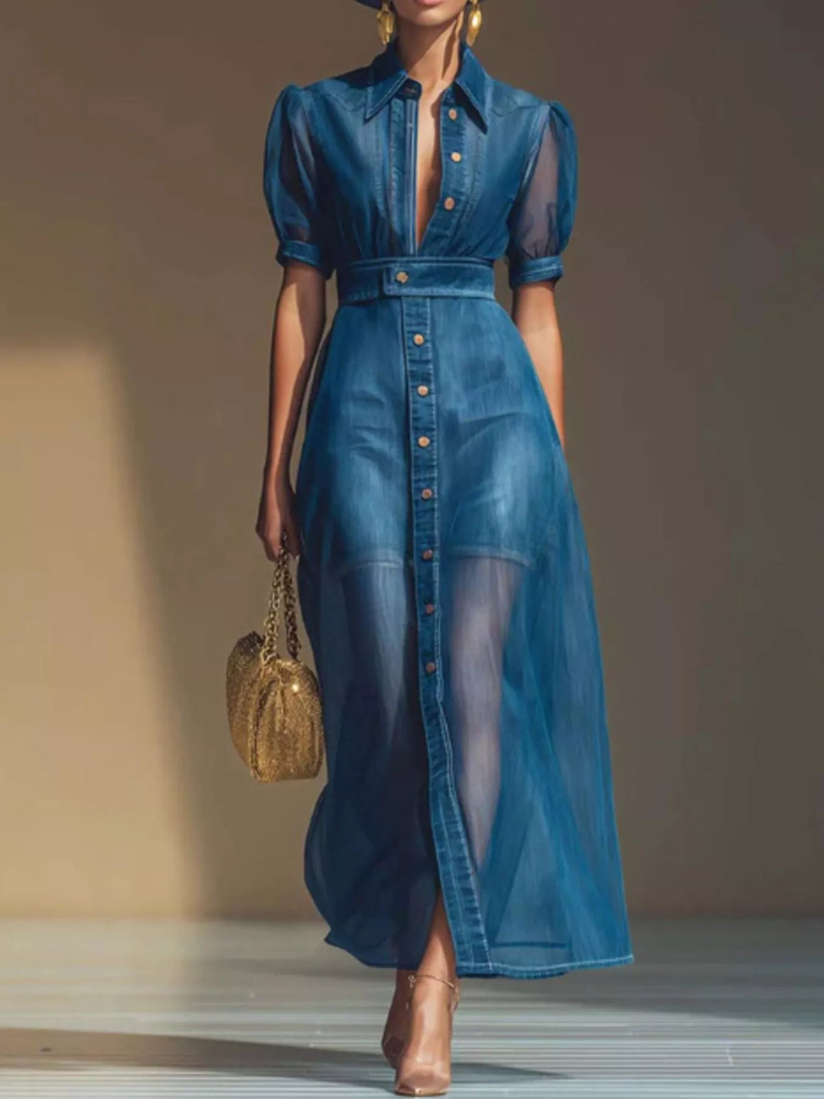 Sheer Panel Button-Down Maxi Dress in Blue