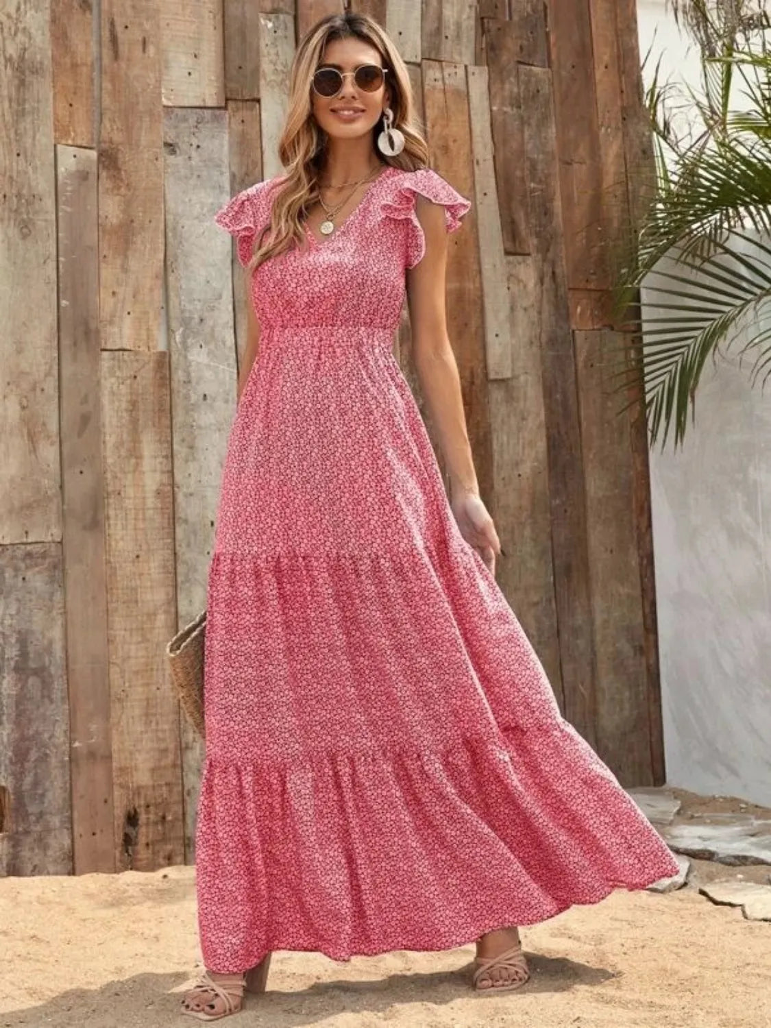 Ruffled Cap Sleeve V-Neck Maxi Dress