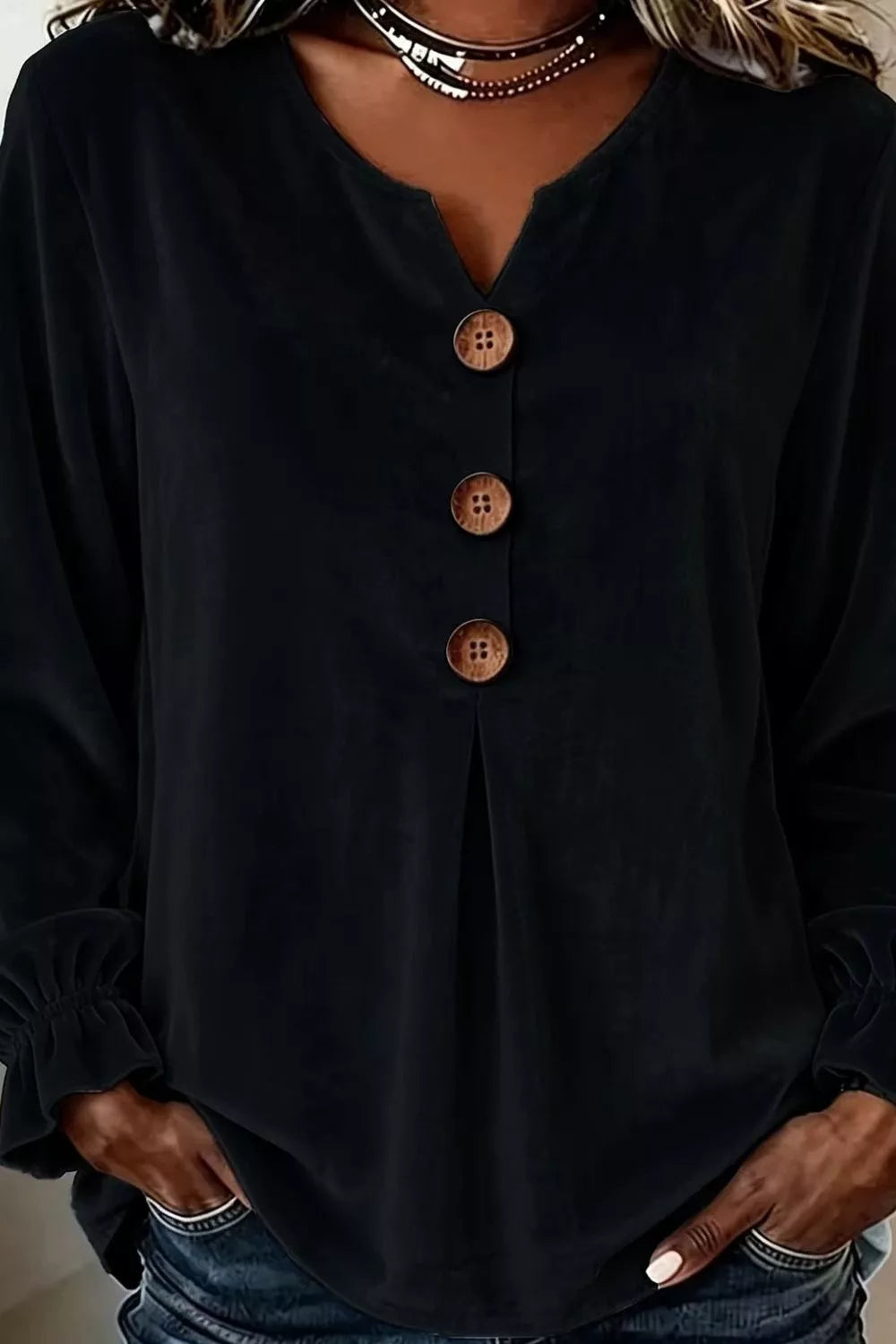 Velvet Button Decor Blouse with Ruffled Cuffs