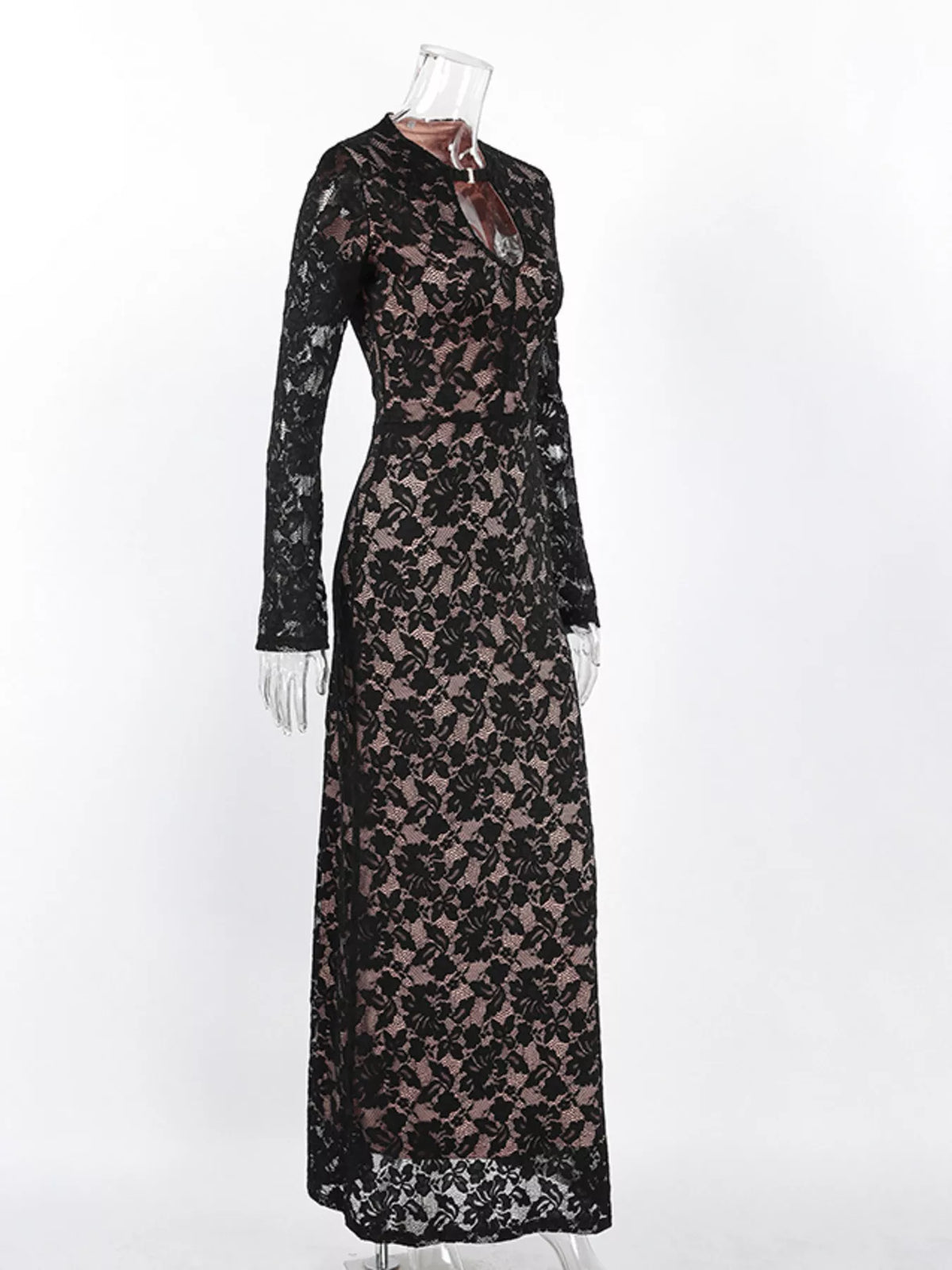 Lace Long-Sleeve Bodycon Maxi Dress in Black