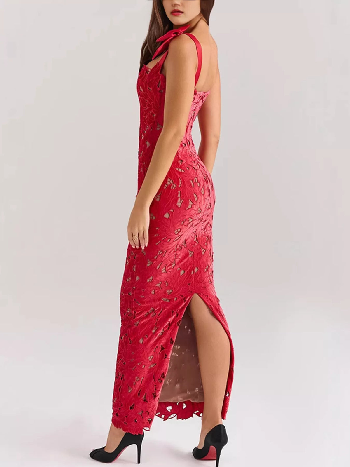 Tie Shoulder Lace Cutout Maxi Dress