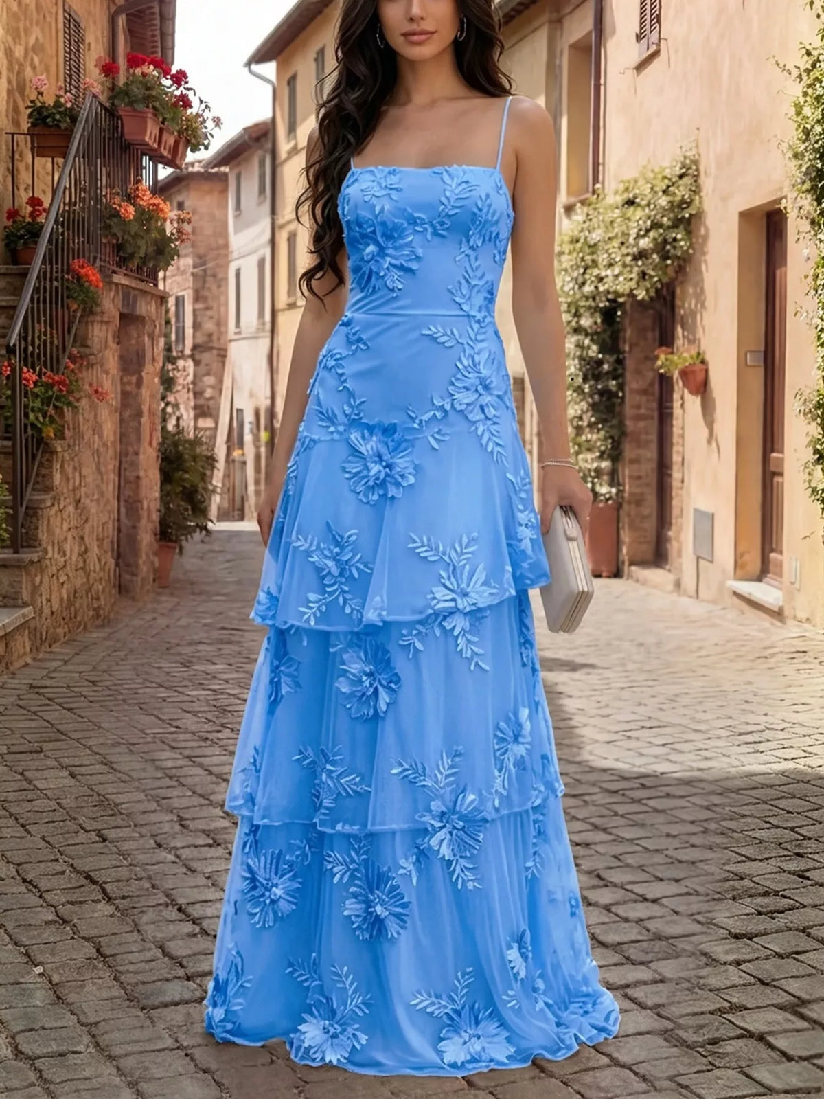 Floral Appliqué Tiered Maxi Dress