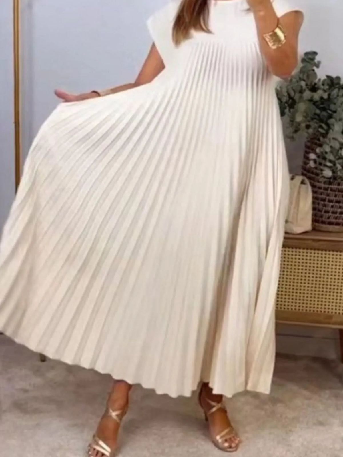Pleated Round-Neck Maxi Dress with Pockets, Plus Size by Rosaline