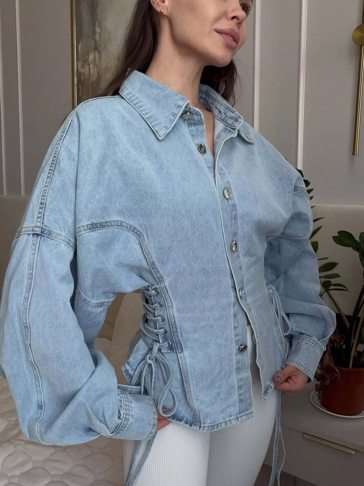 Lace-Up Side Denim Jacket in Light Blue