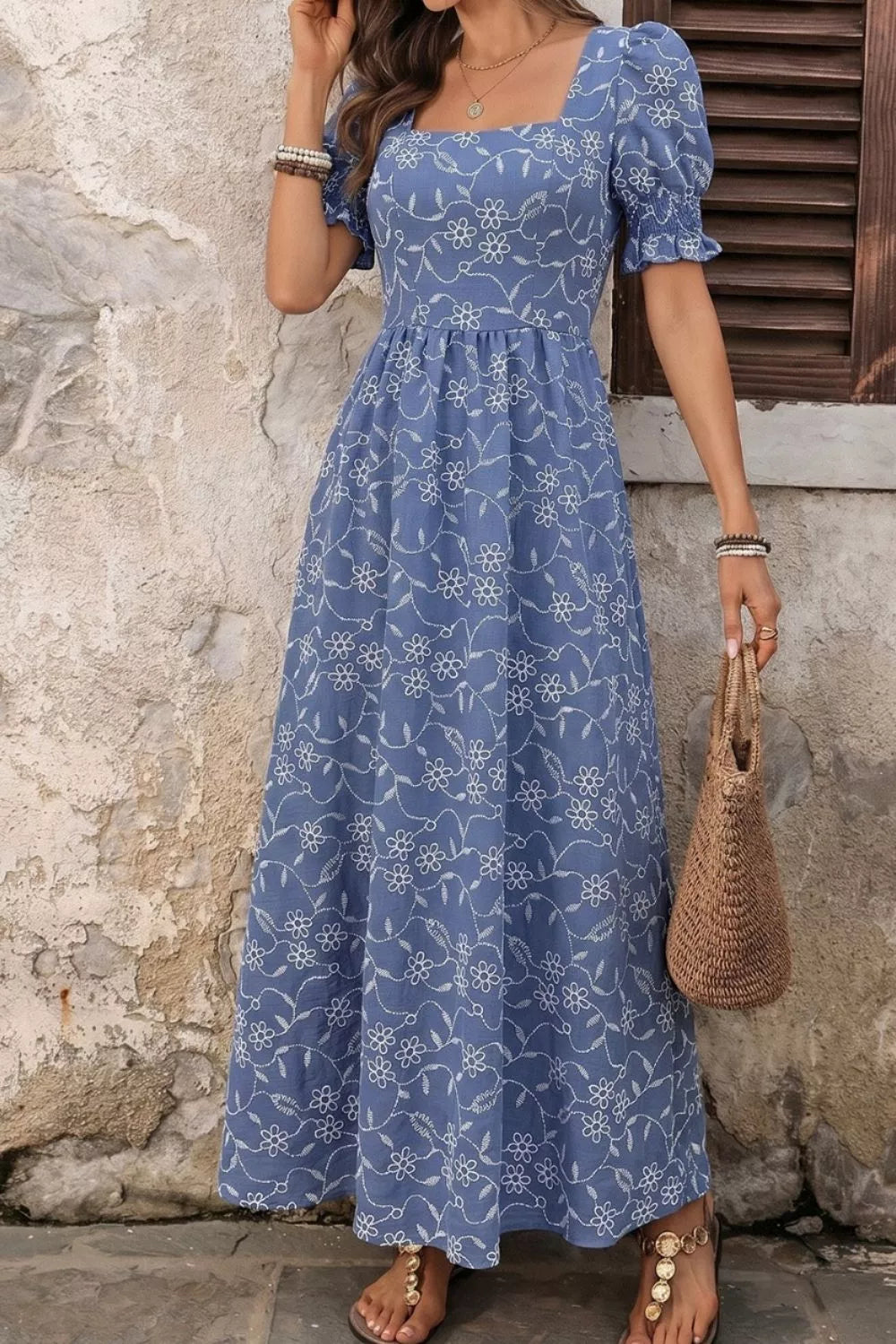 Square Neck Puff Sleeve Maxi Dress in Dusty Blue