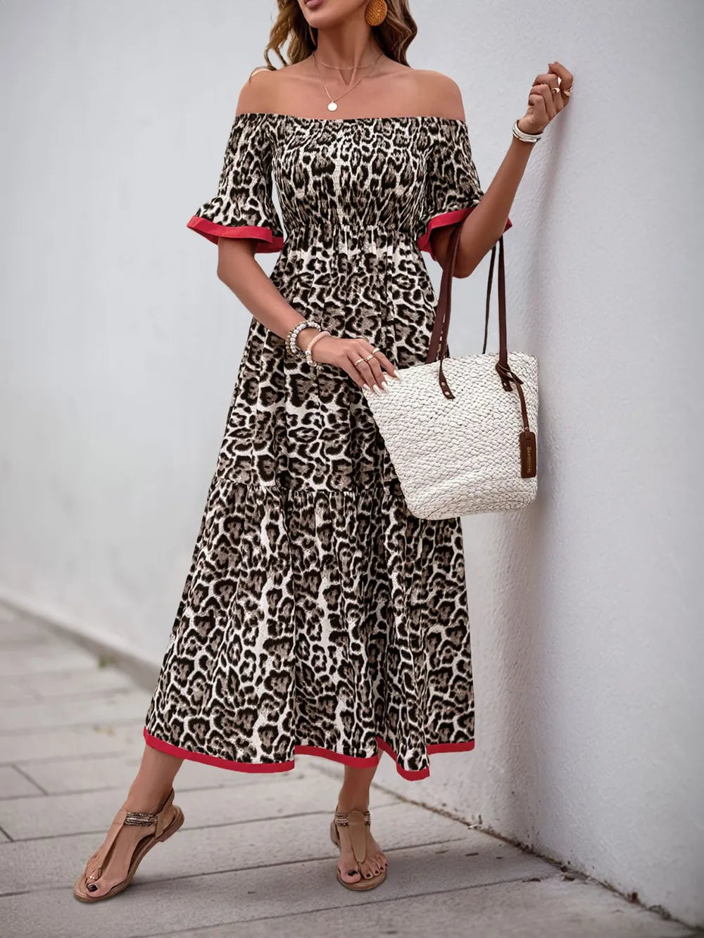 Leopard Off-Shoulder Flounce Sleeve Midi Dress