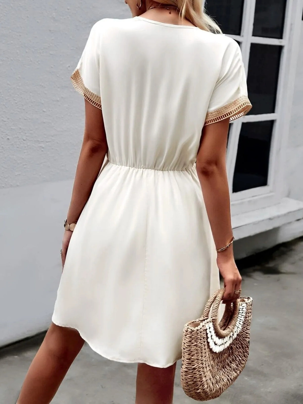 Tied V-Neck Short Sleeve Mini Dress