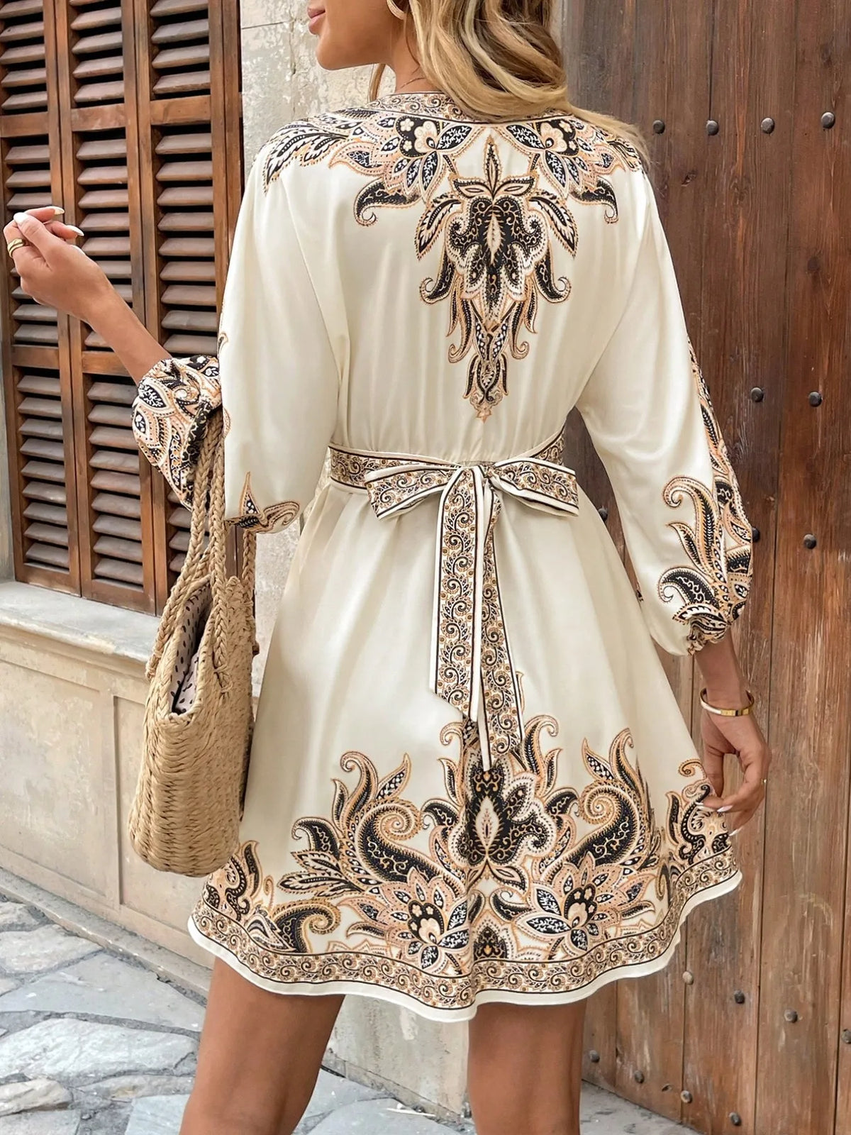 Printed V-Neck Balloon Sleeve Mini Dress