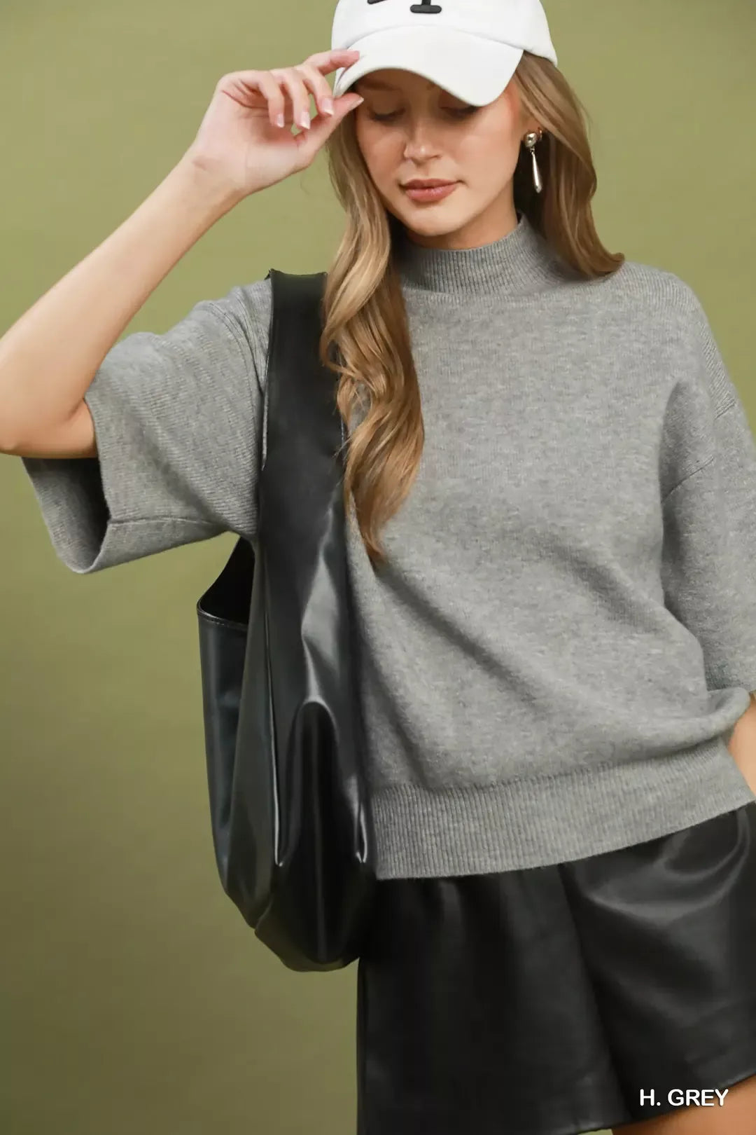 Umgee Heather Grey Mock Neck Sweater Top in H. grey