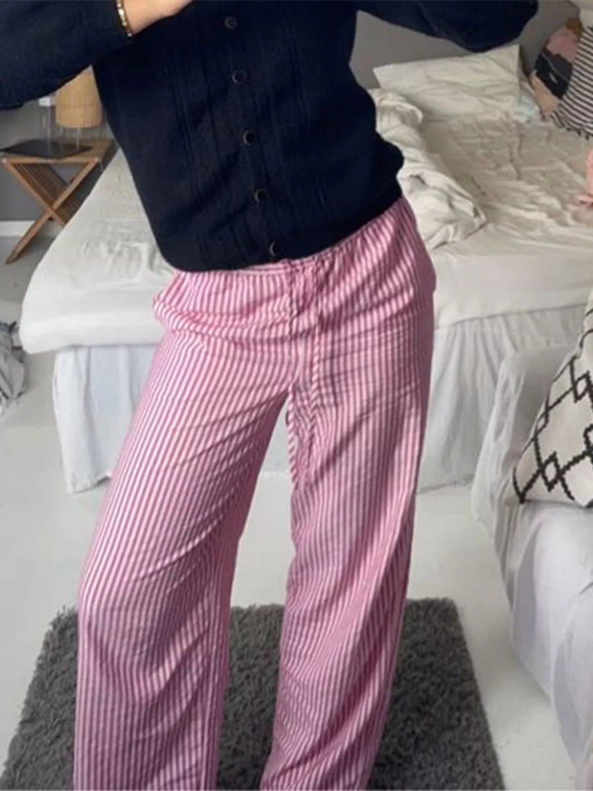 Striped High-Waisted Drawstring Casual Pants in Pink