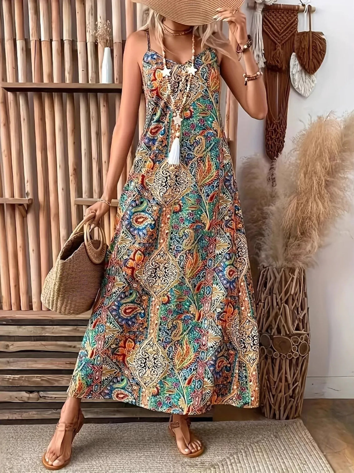 Paisley V-Neck Maxi Dress in Turquoise