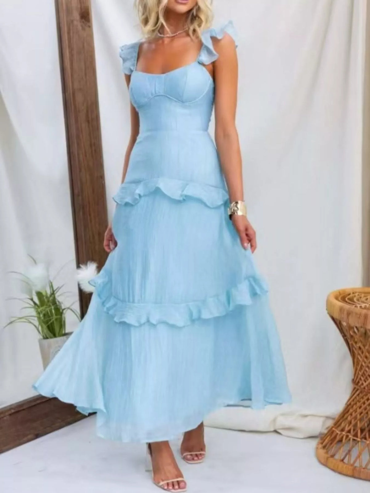 Ruffled Lace-Up Back Maxi Dress in Aqua