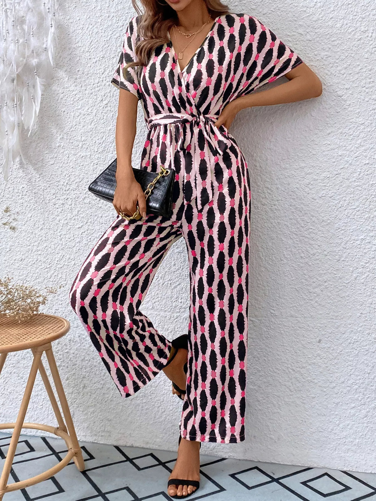 Surplice Tie Waist Short Sleeve Jumpsuit