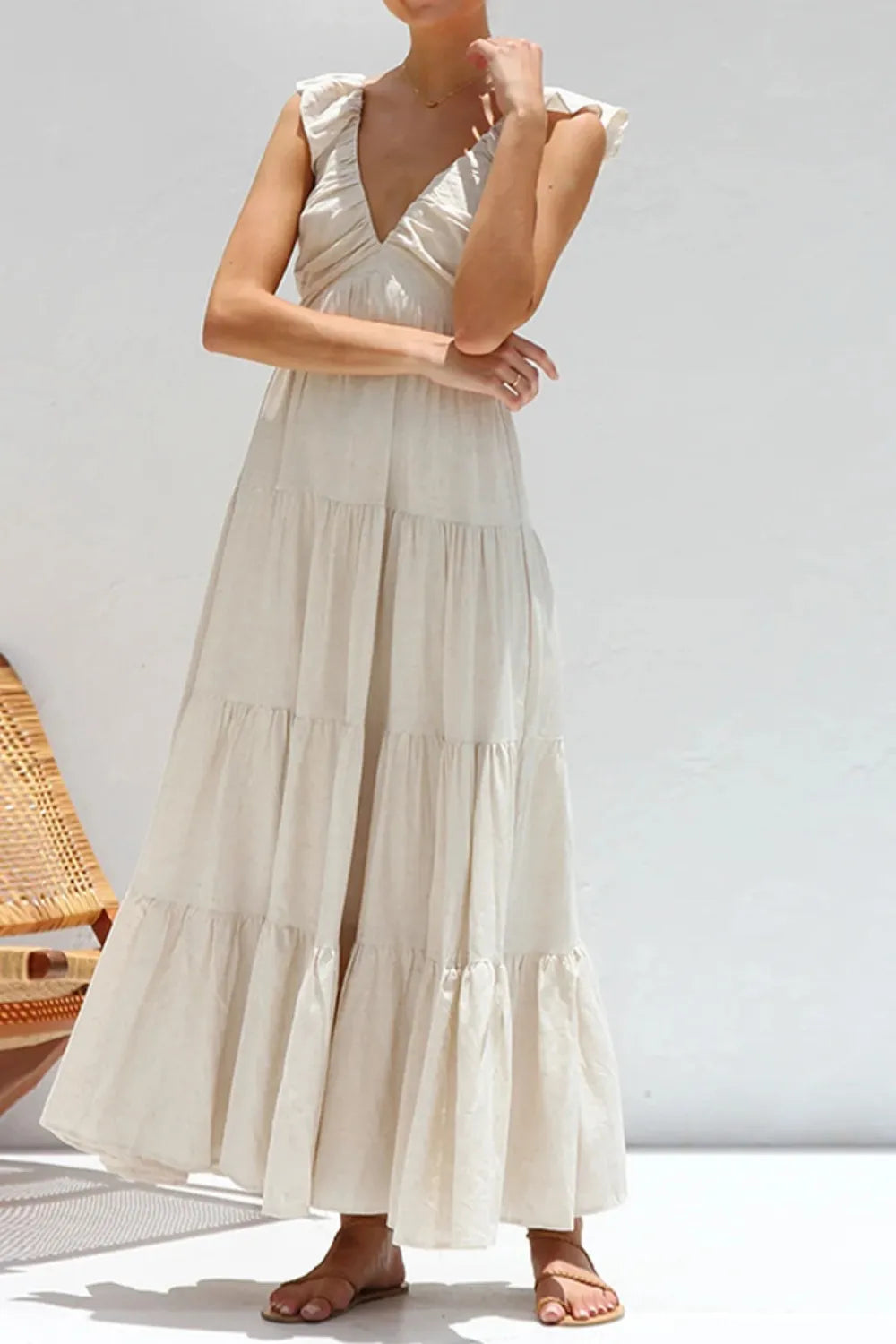 Ruffled V-Neck Tiered Cotton Dress