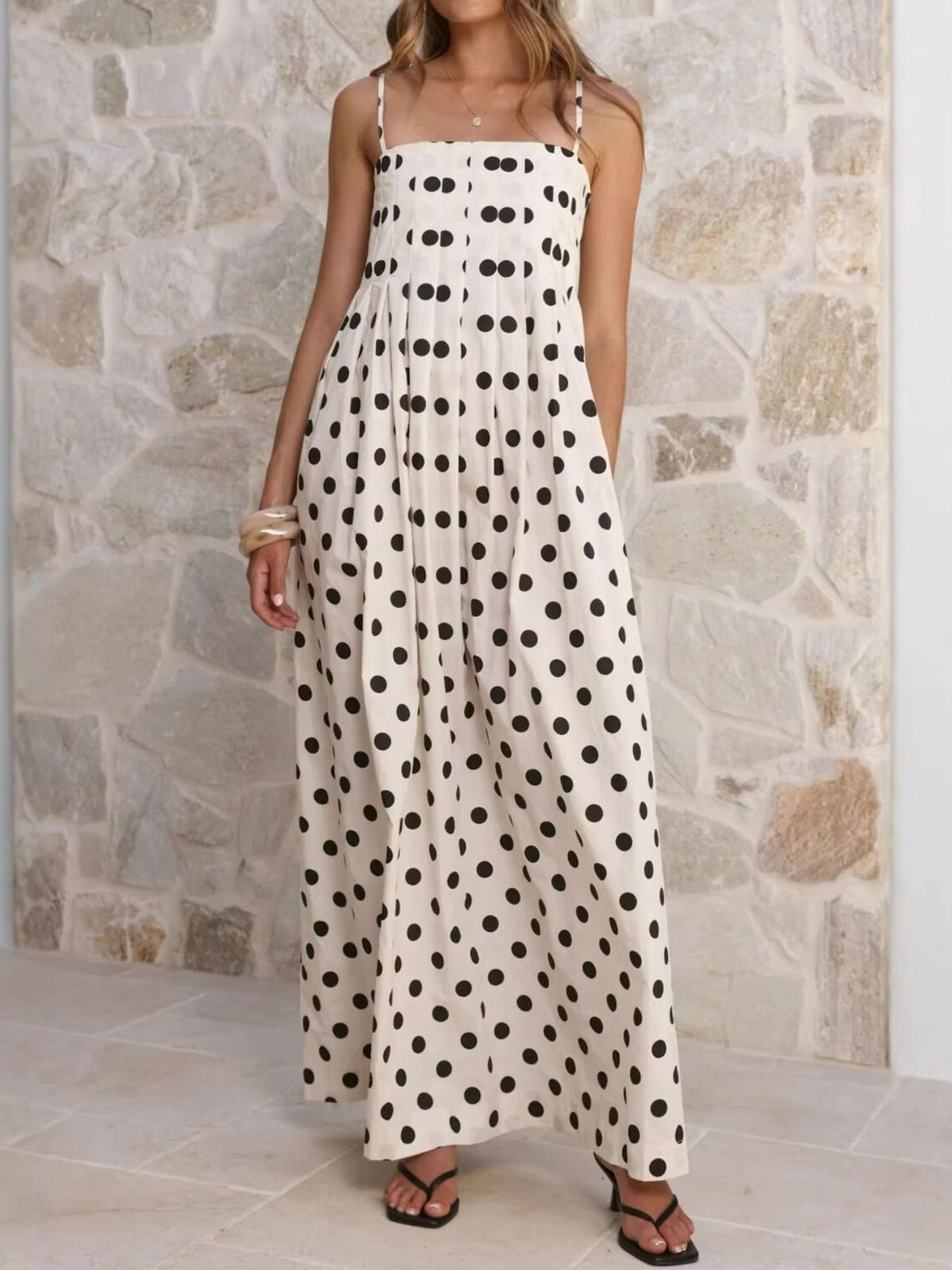 Pleated Polka Dot Maxi Dress