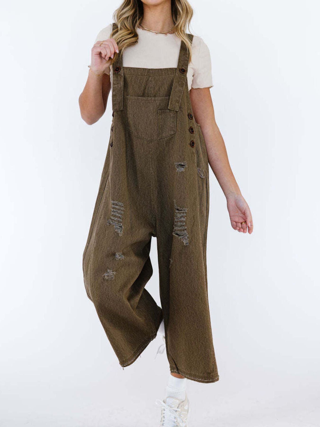 Distressed Wide Leg Denim Overalls by Dreamy Drapes