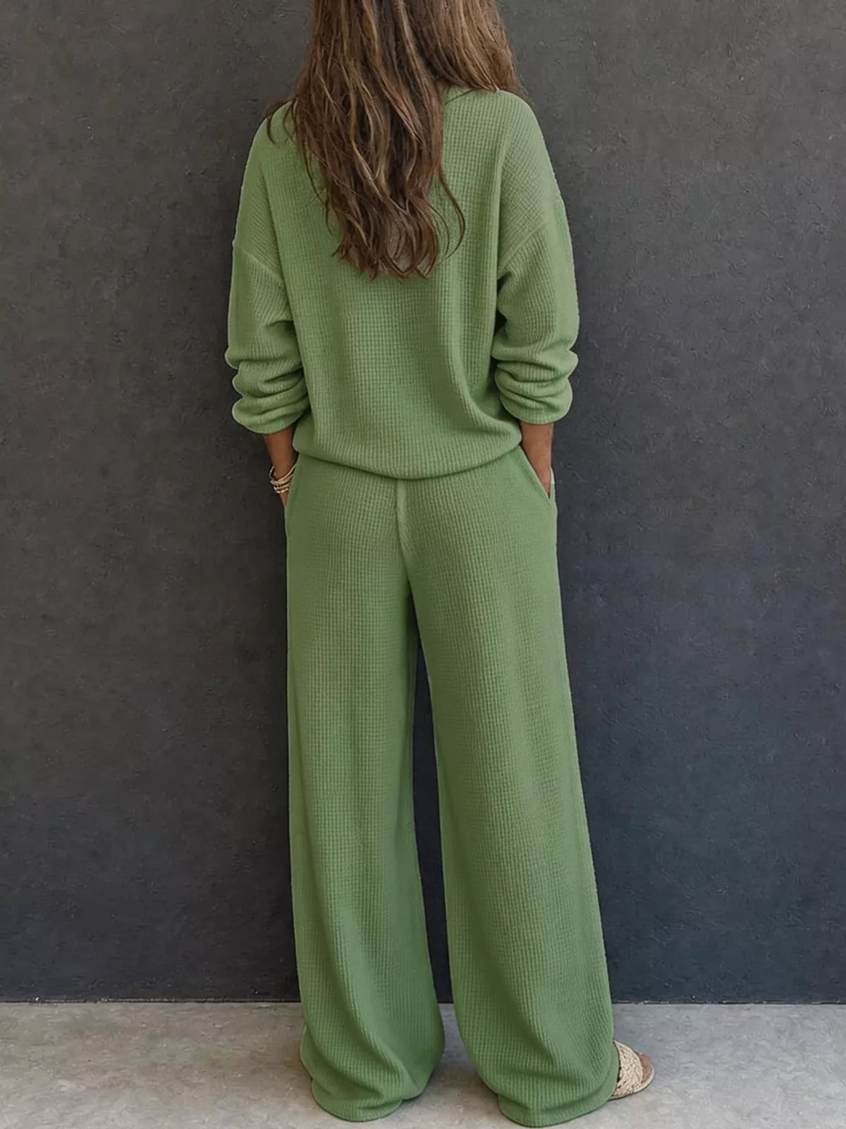 Waffle Knit Button Detail Top and Pants Set