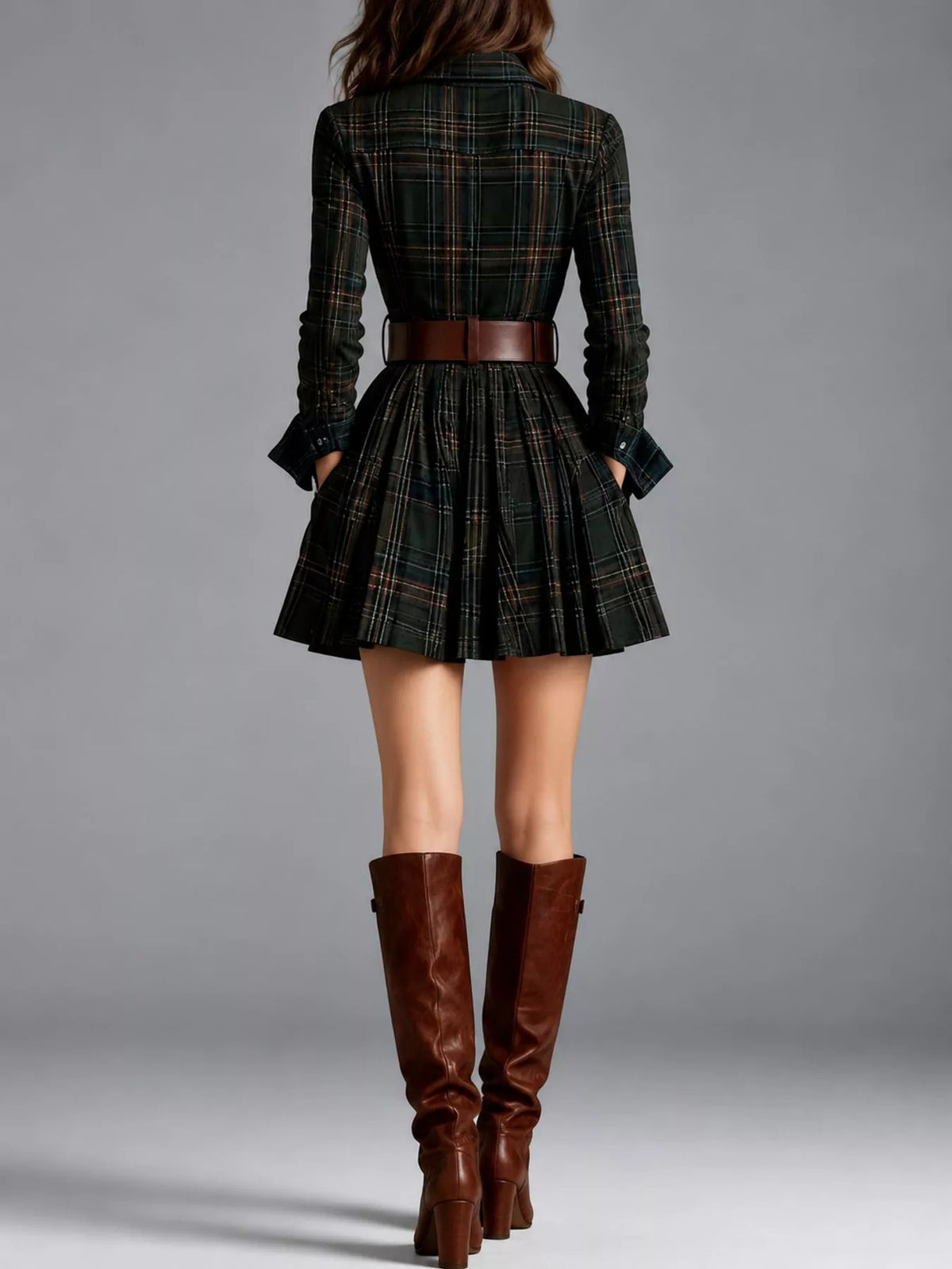 Plaid Long-Sleeve Shirt Dress with Belt