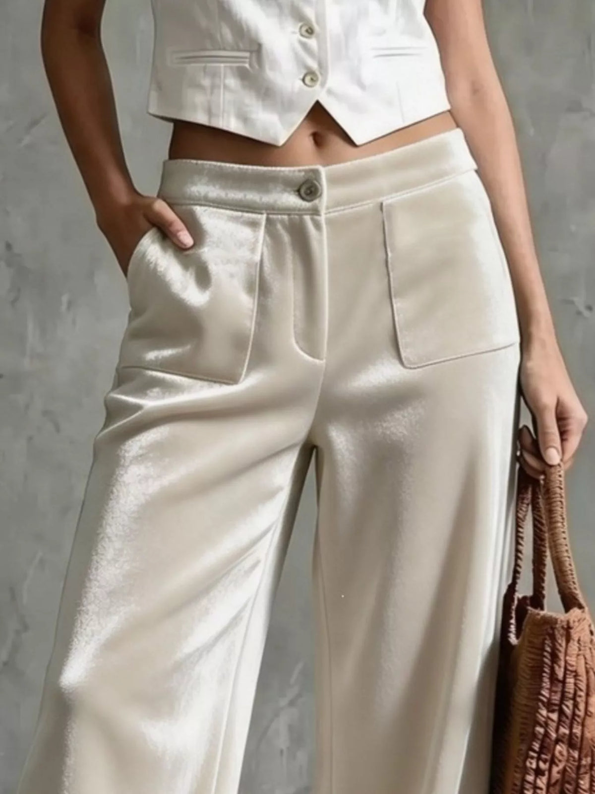 High-Waisted Wide-Leg Velvet Pants with Front Pockets
