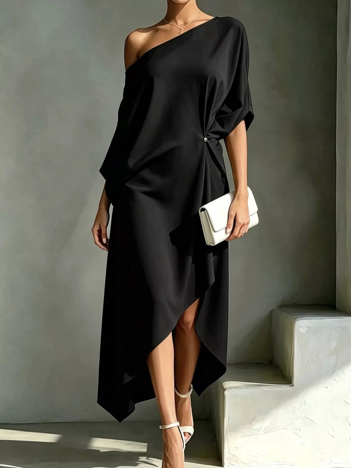 One-Shoulder Asymmetric Hem Midi Dress