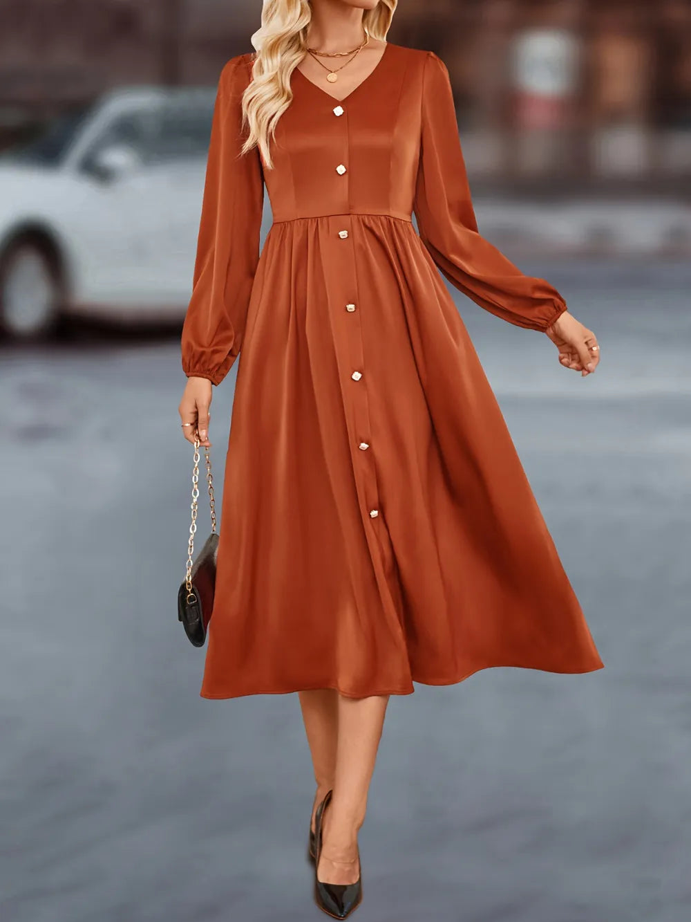 V-Neck Balloon Sleeve Midi Dress in Terracotta